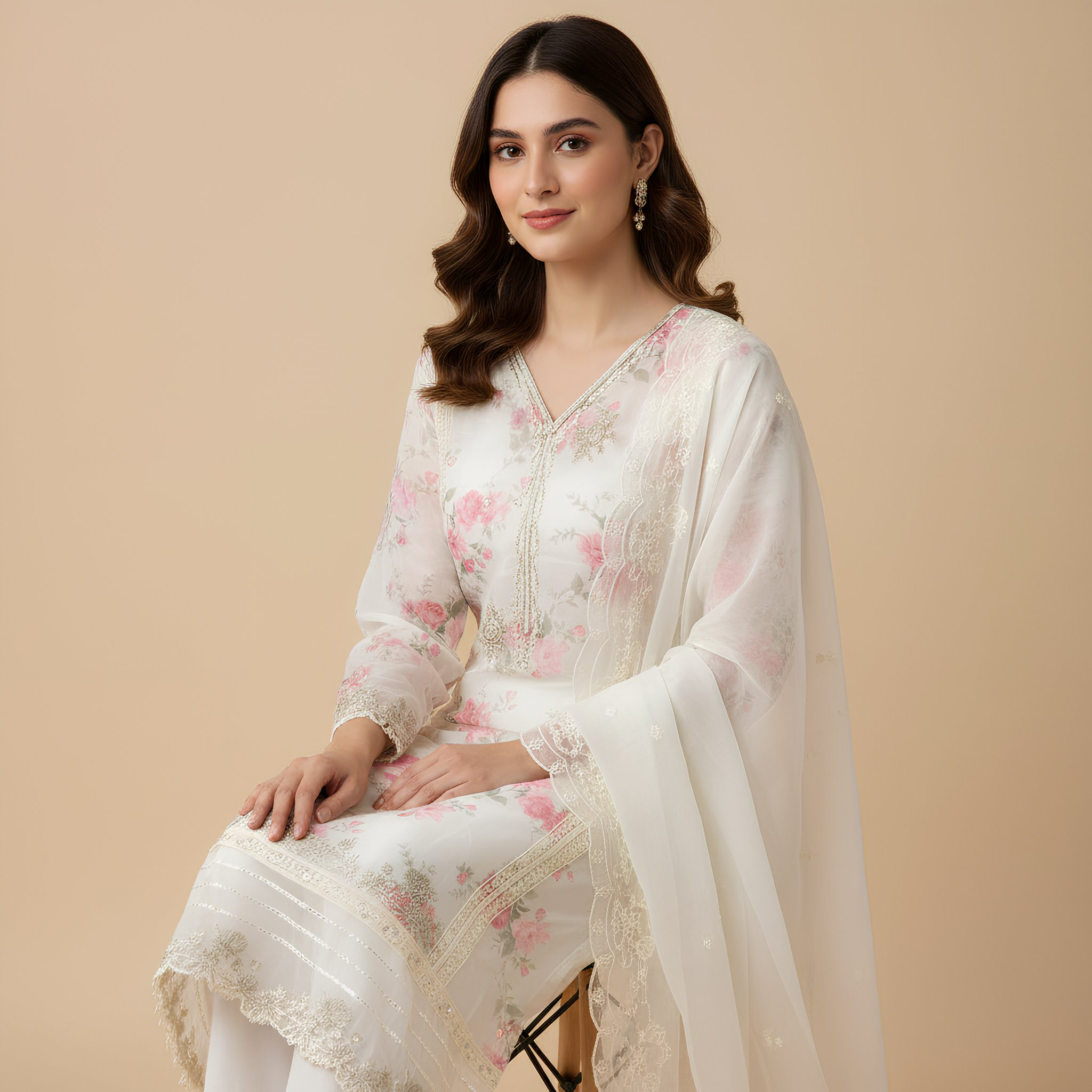 Ivory Floral Printed Suit Set with Delicate Lace Detailing & Sheer Dupatta MO15.4