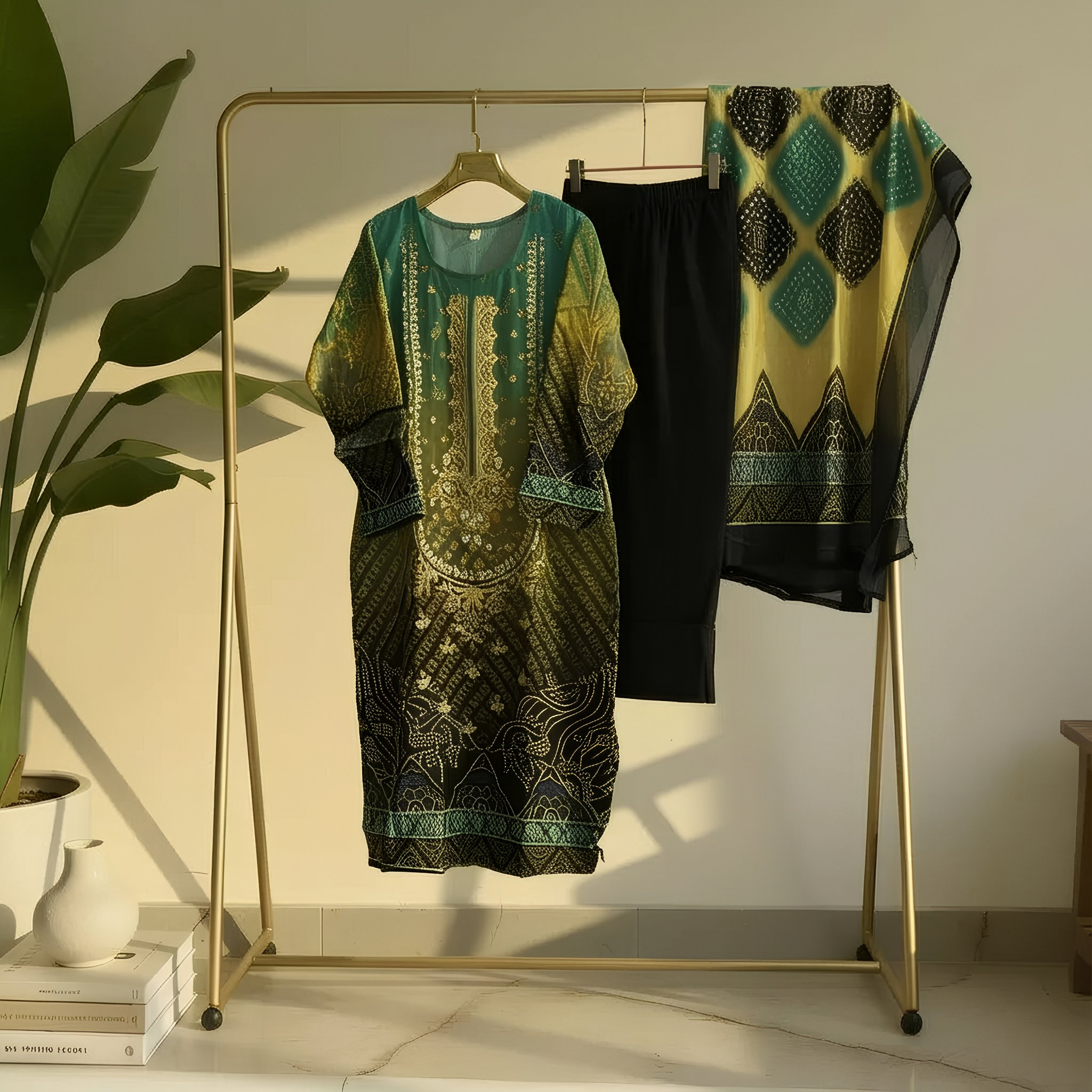 Emerald Green & Black Bandhani Print Cotton Blend Suit Set MO1.6