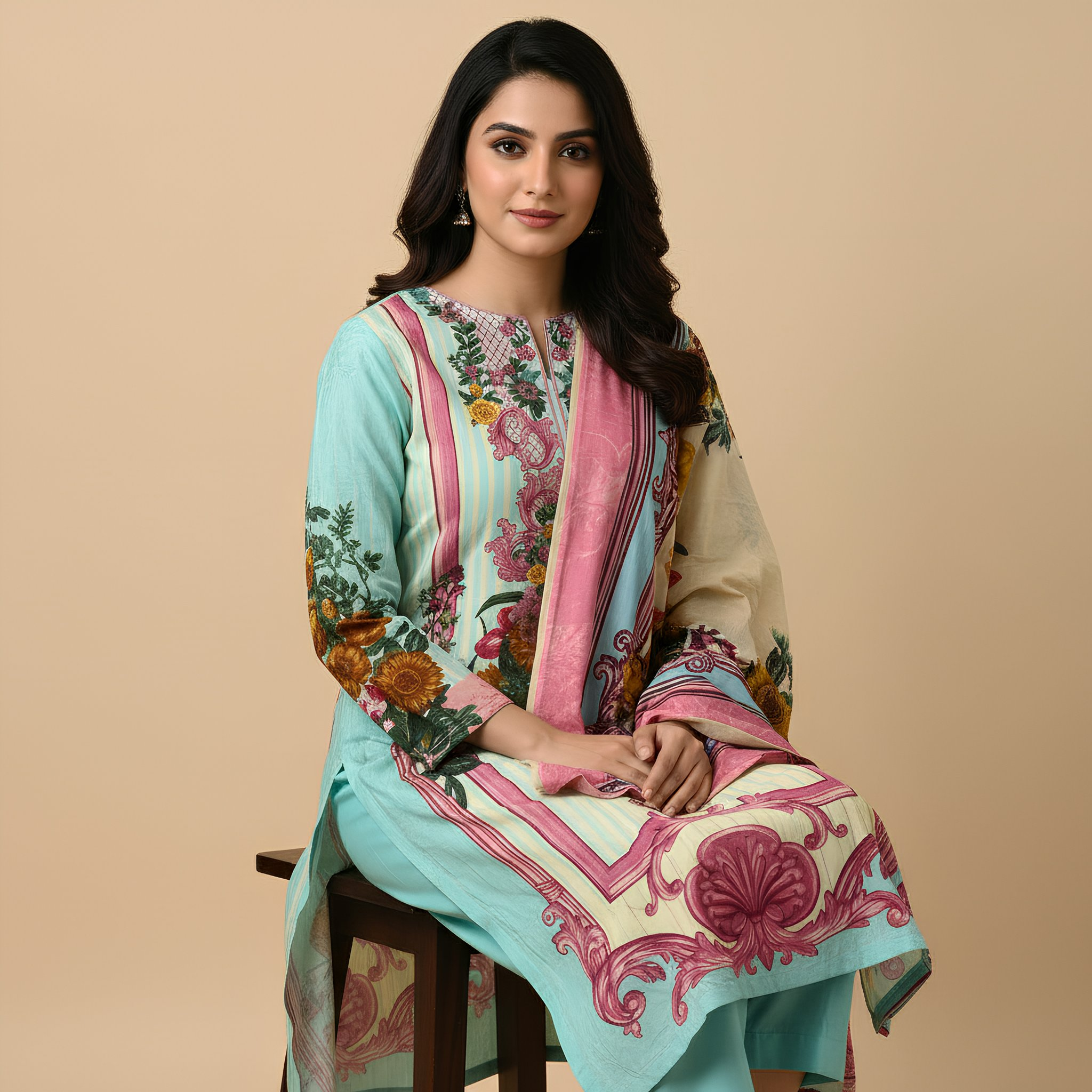 Mint Green & Blush Floral Printed Suit Set with Coordinated Dupatta MO5.1