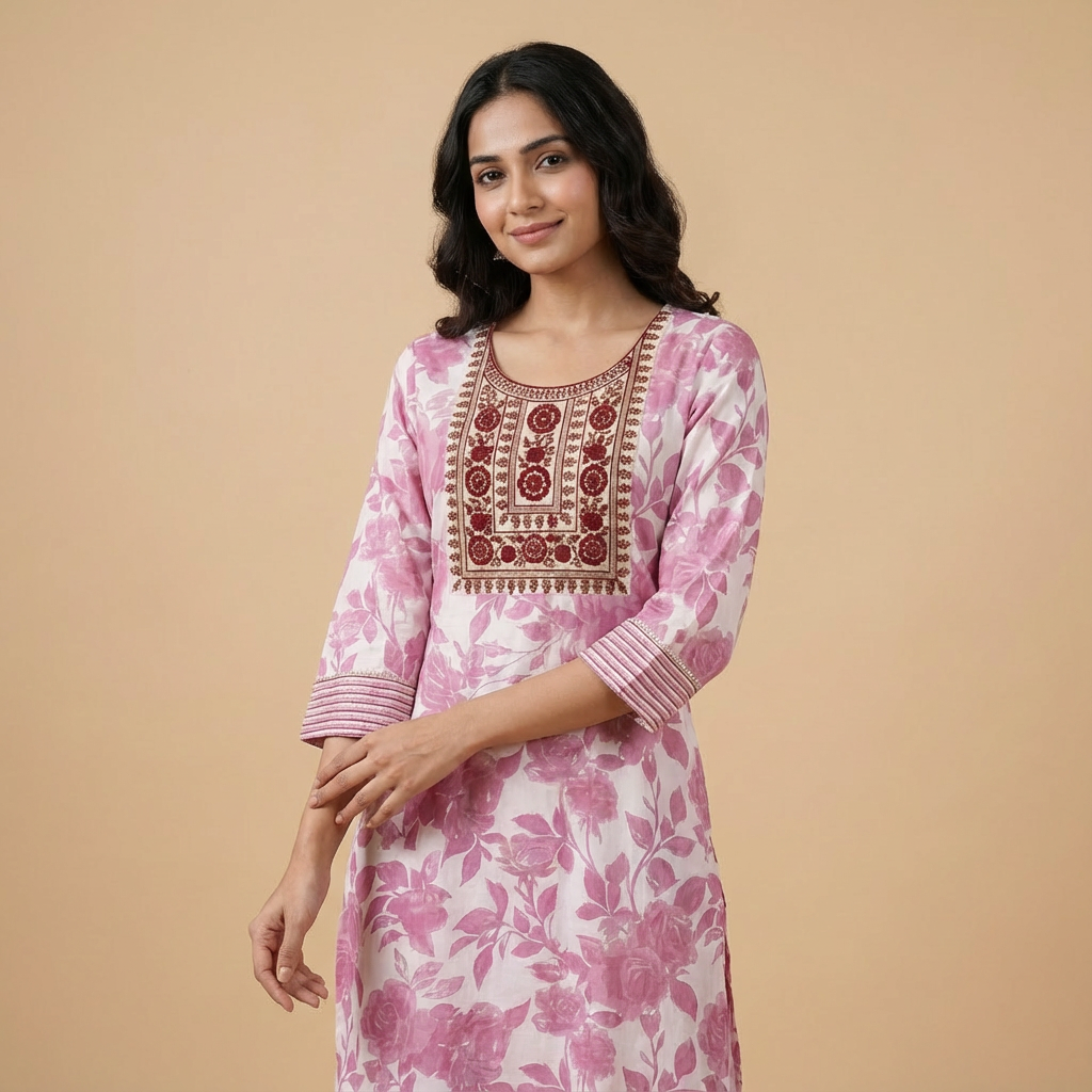 Off-White Pink Floral Printed Kurta HO2 L3