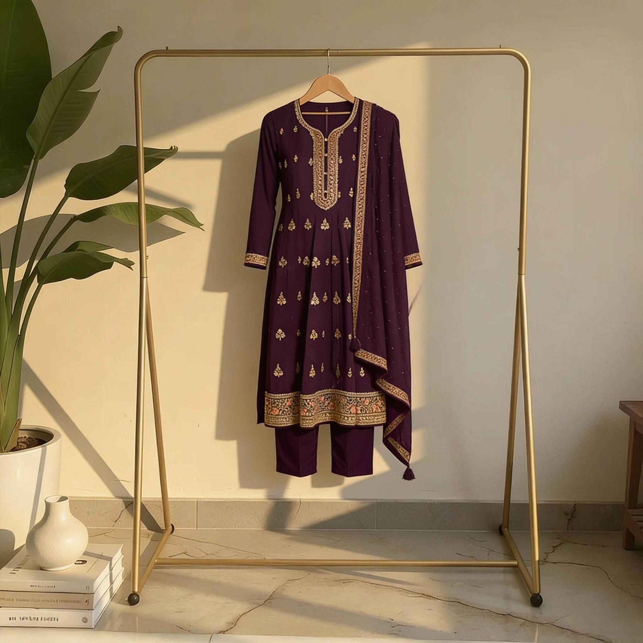 Wine Purple Embroidered Suit Set Ho 12