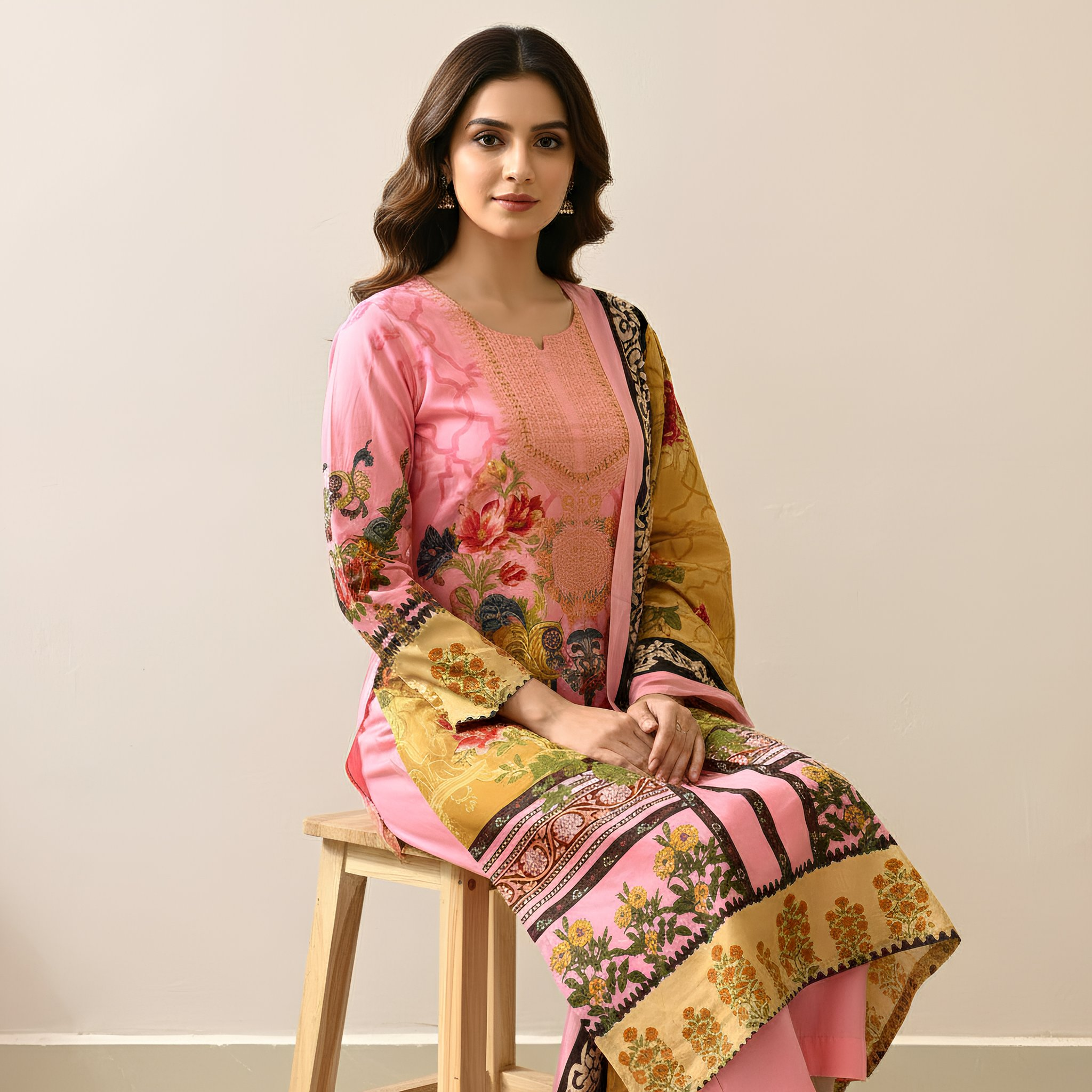 Blush Pink & Mustard Floral Printed Suit Set with Coordinated Dupatta MO5.3