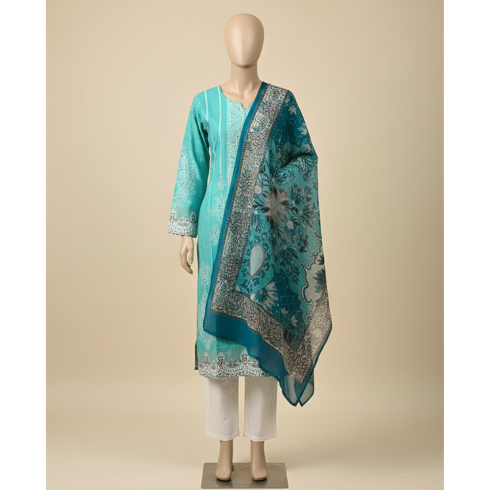 Aqua Blue Ethnic Printed Cotton Blend Suit Set with Designer Dupatta mo3.6