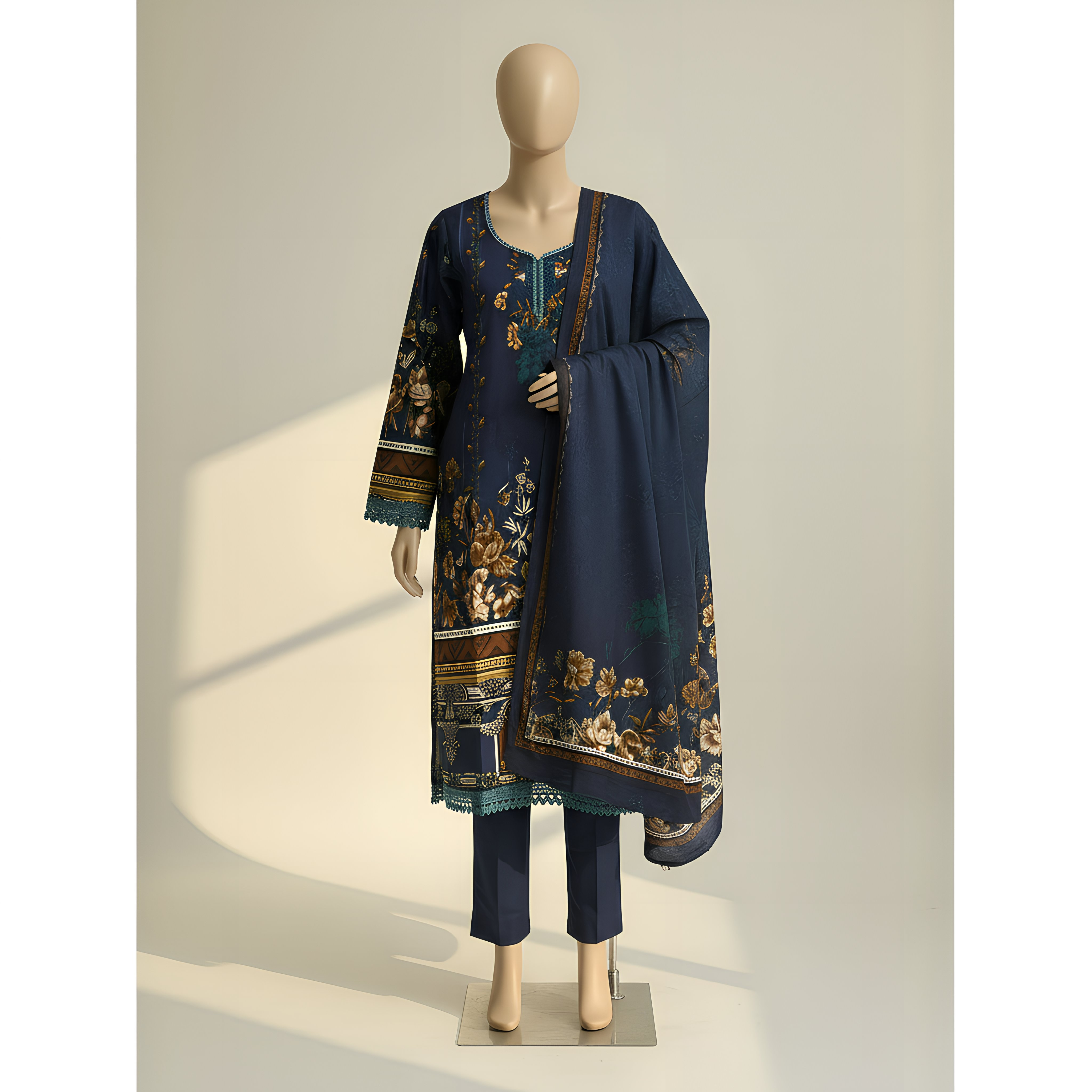 Navy Blue Floral Printed Cotton Suit MO7.4