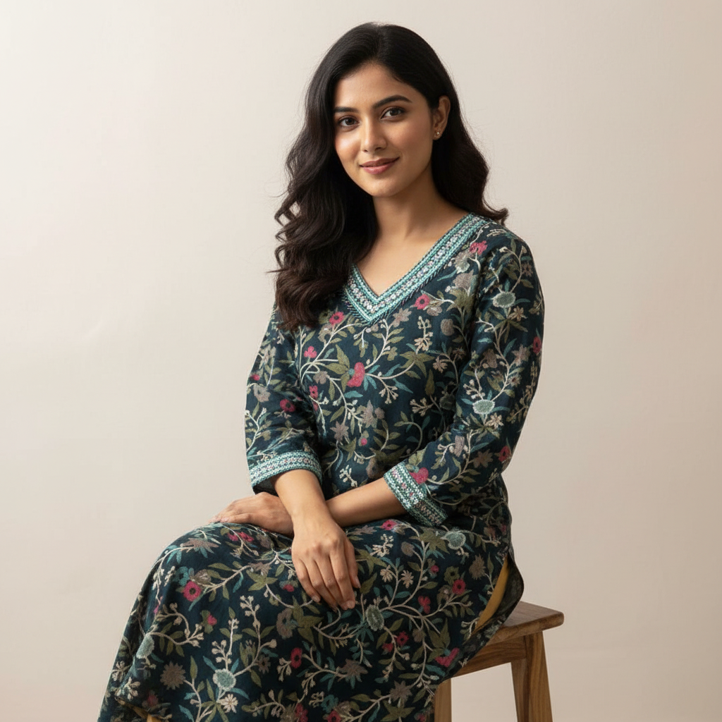 Dark Green Floral Printed Embroidered Neck Kurta HO2 XL15