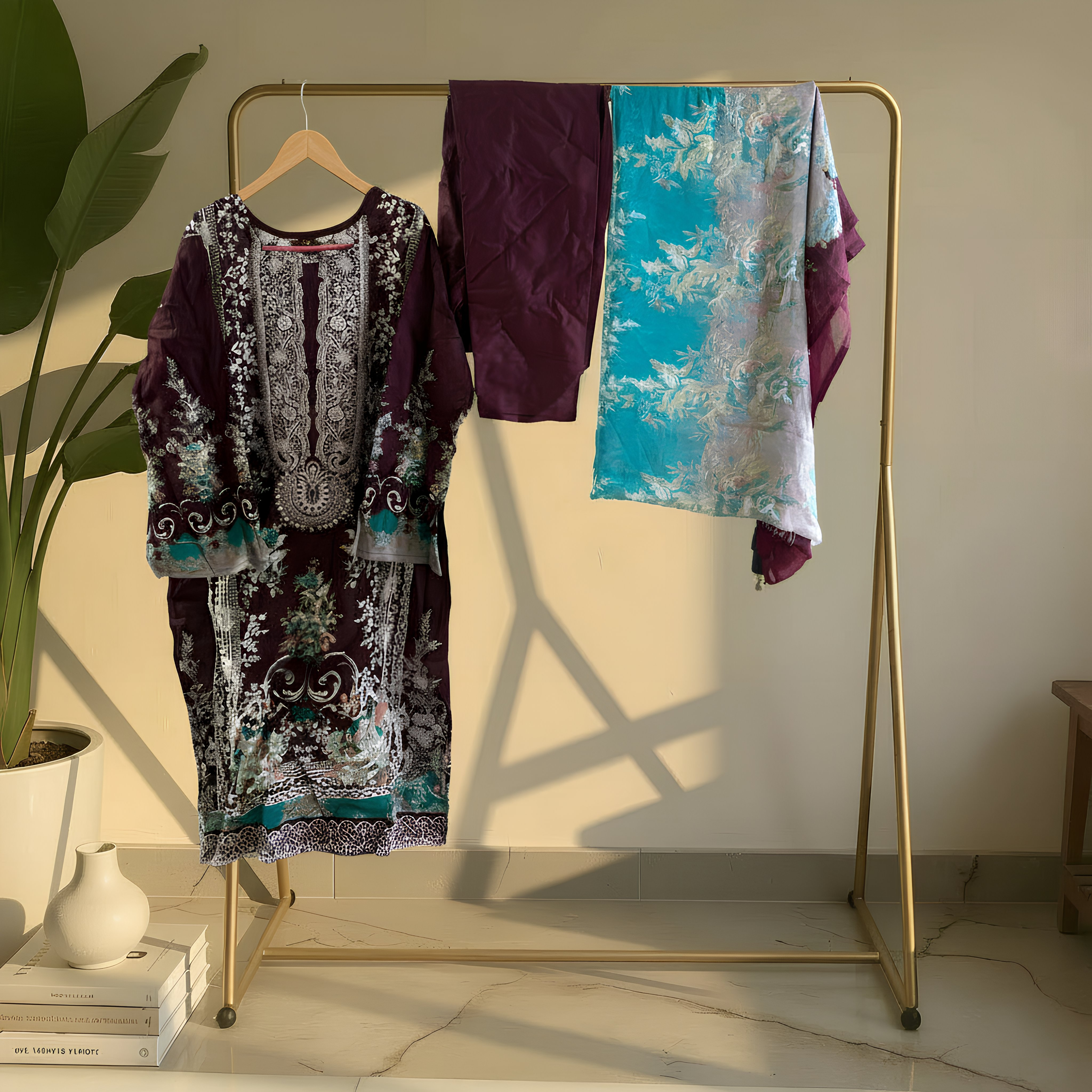 Wine Maroon & Teal Floral Printed Cotton Suit Set MO9.3