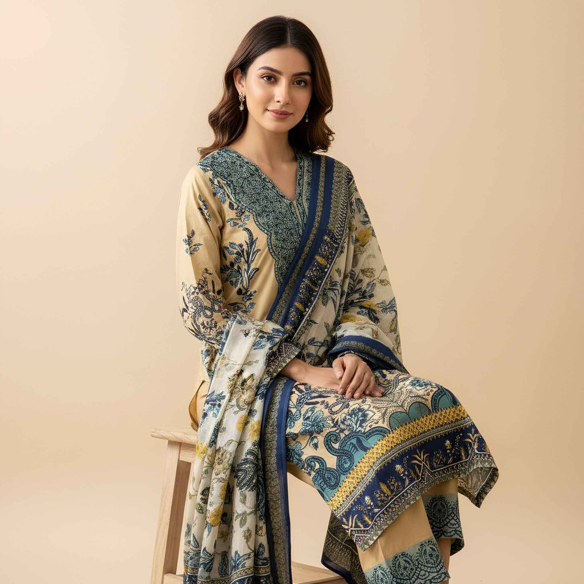 Mustard Yellow & Teal Floral Printed Suit Set with Coordinated Dupatta MO6.1