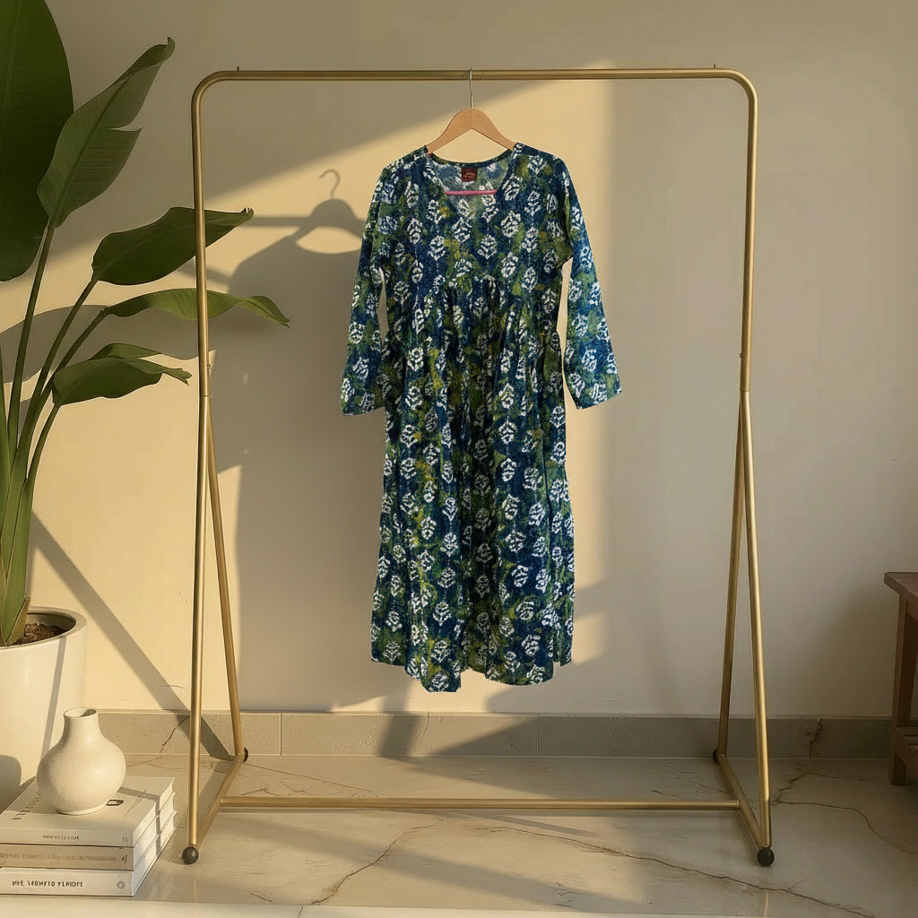 Elegant Green & Navy Floral Printed A-Line Kurta HO 2 S5