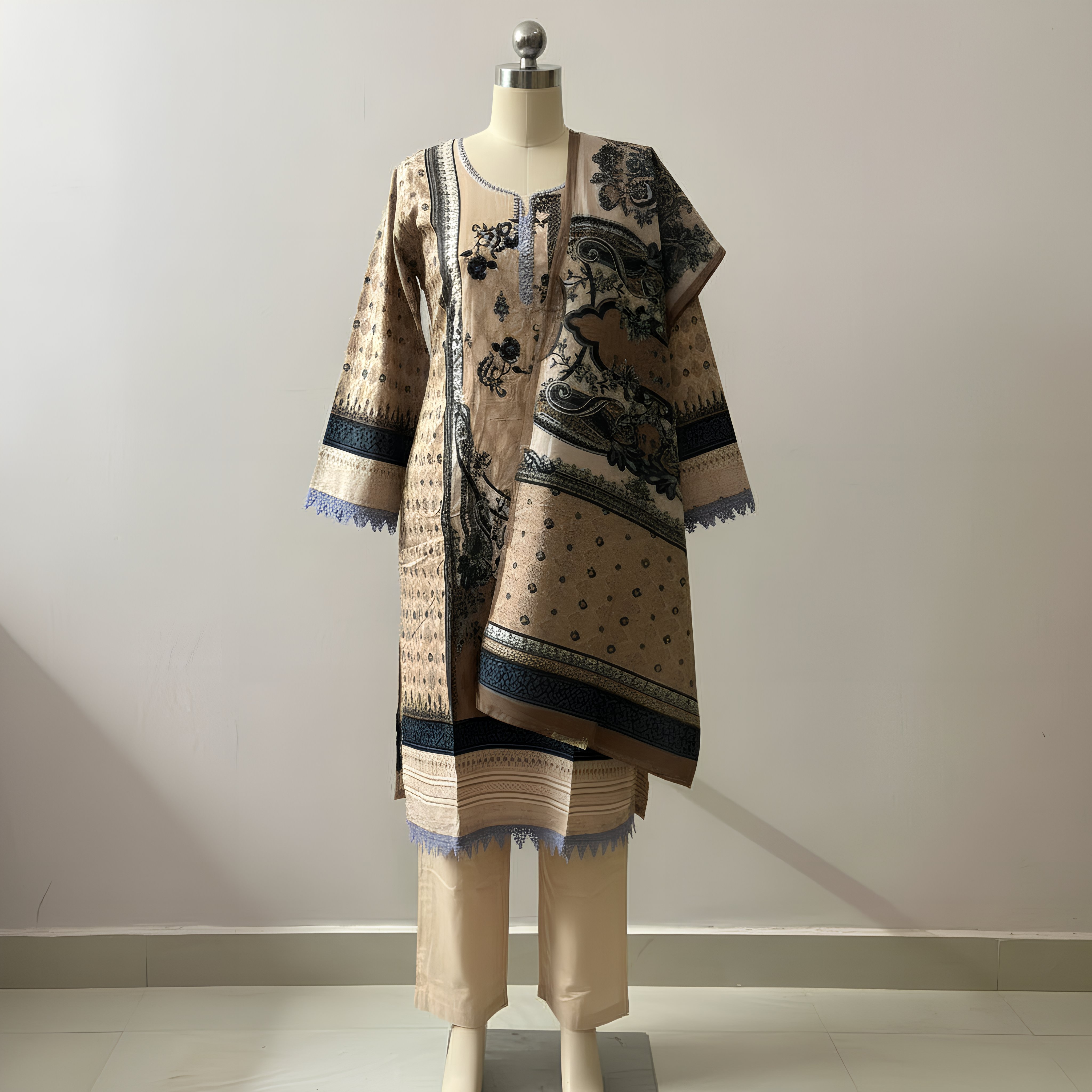 Beige Printed Ethnic Suit Set with Dupatta MO7.1