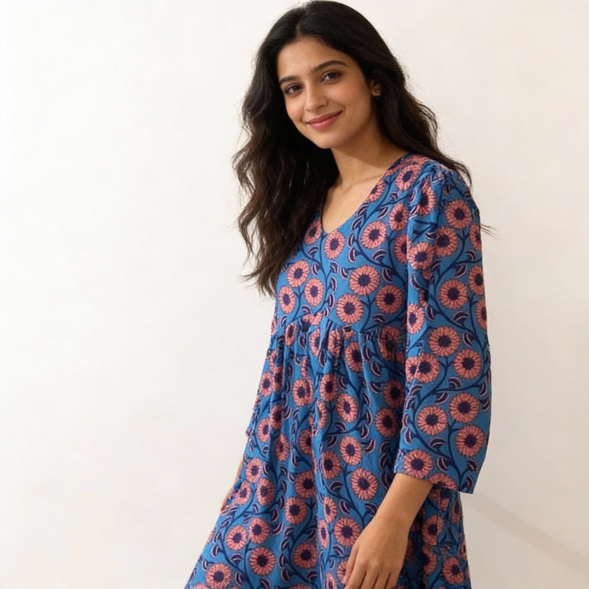 Blue Floral Printed Gathered Waist Kurta HO2 XL16