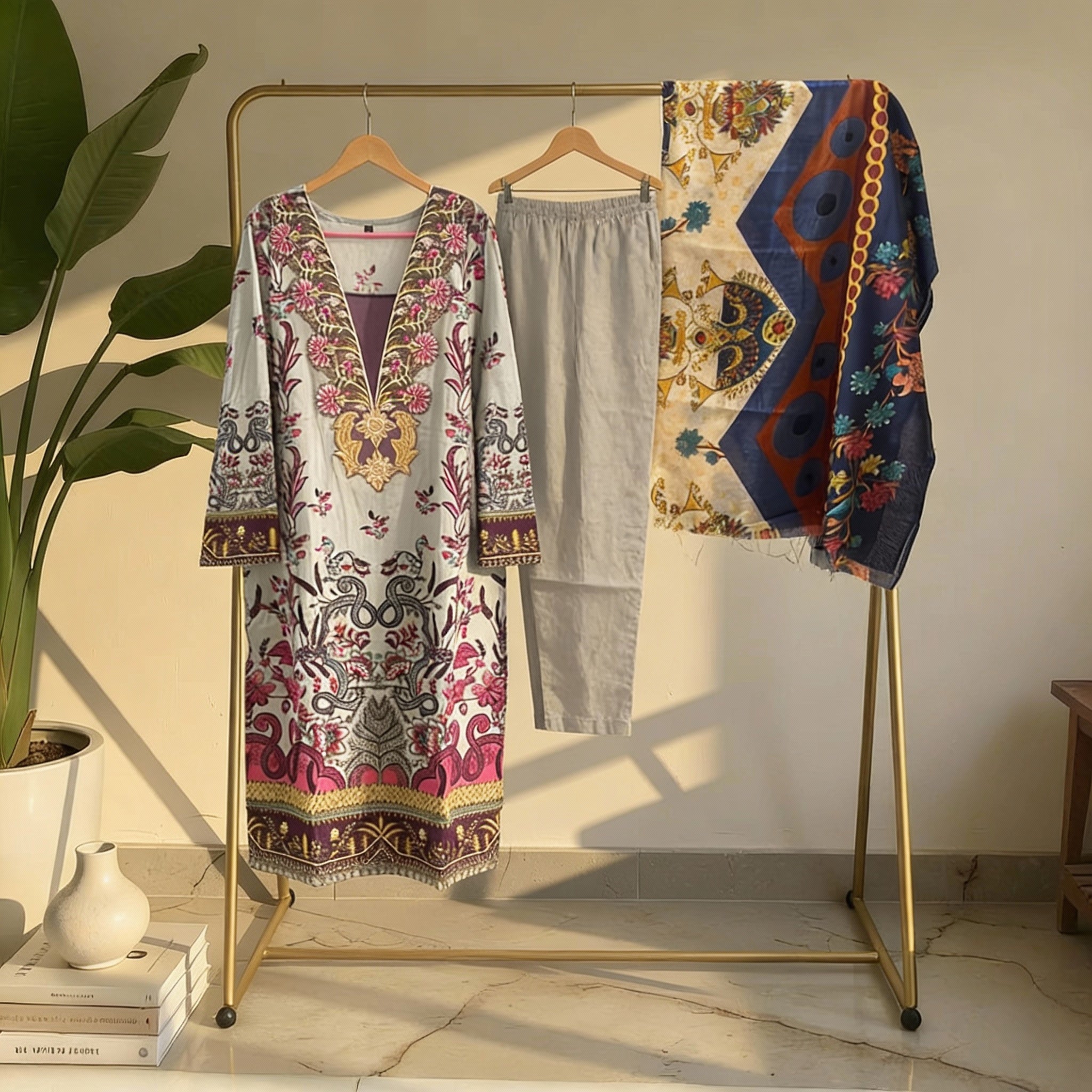 Off-White & Multicolor Printed Cotton Suit MO6.7