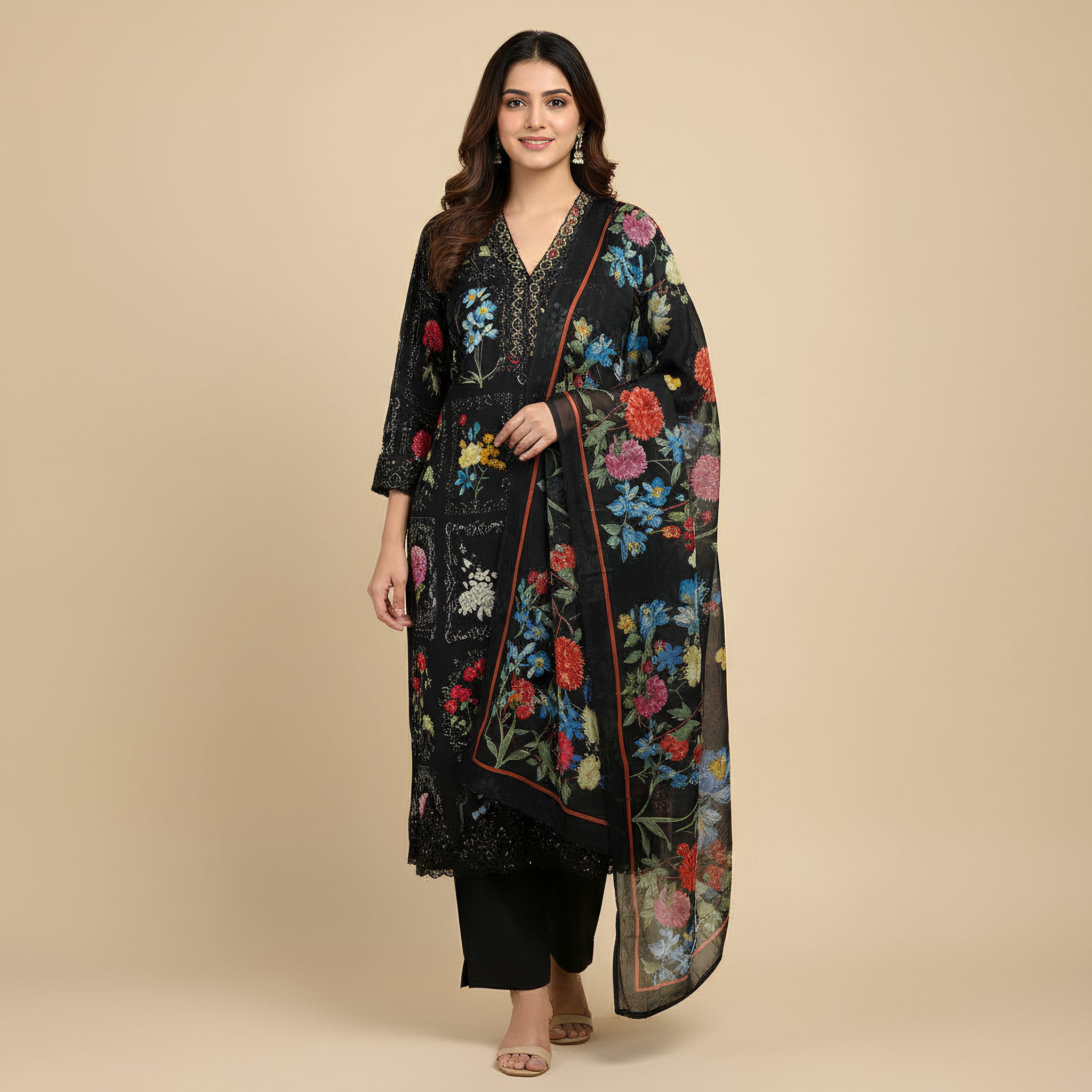 Black Floral Printed Cotton Blend Suit Set with Sheer Designer Dupatta mo8.10