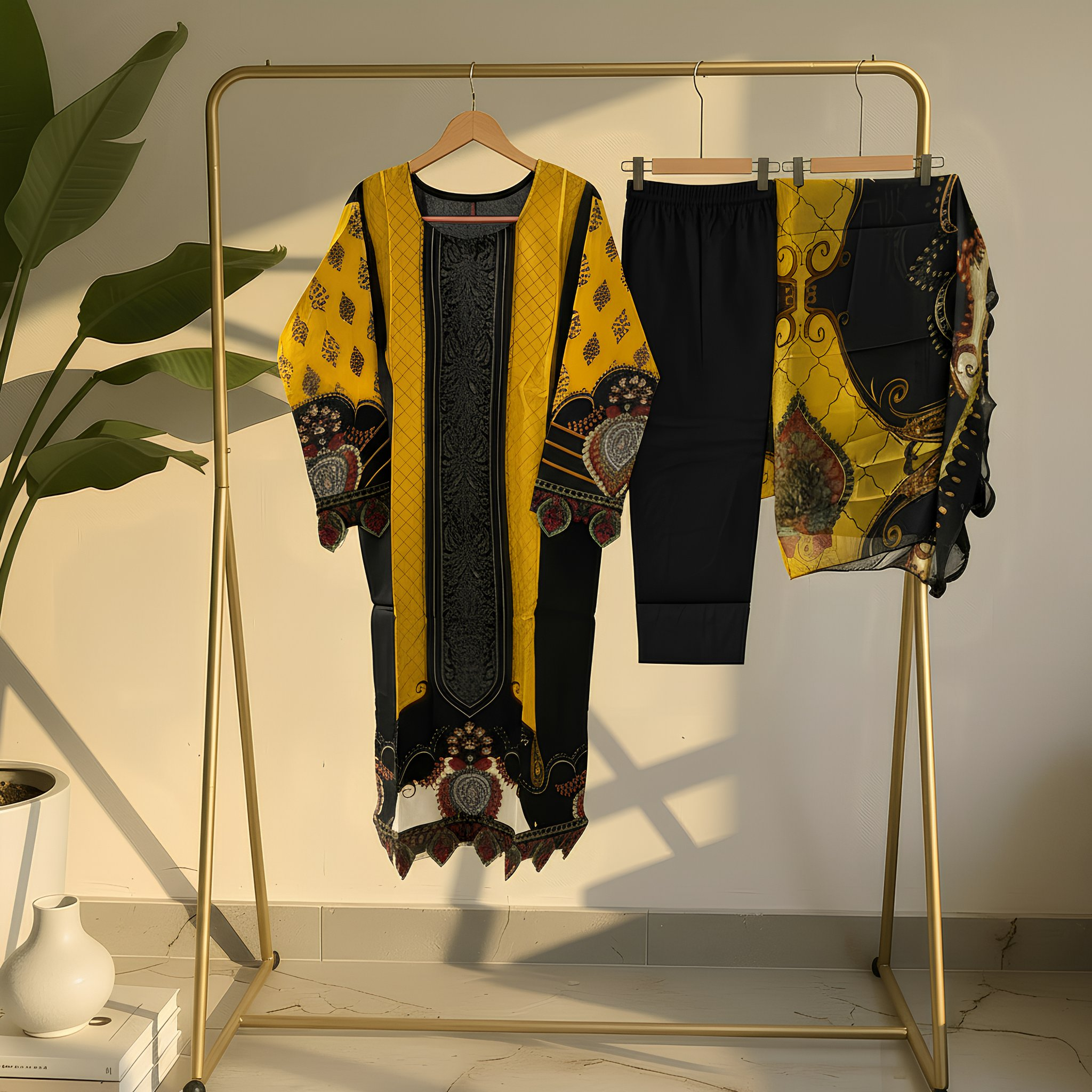 Black & Mustard Ethnic Printed Cotton Blend Suit Set with Designer Dupatta  mo3.4