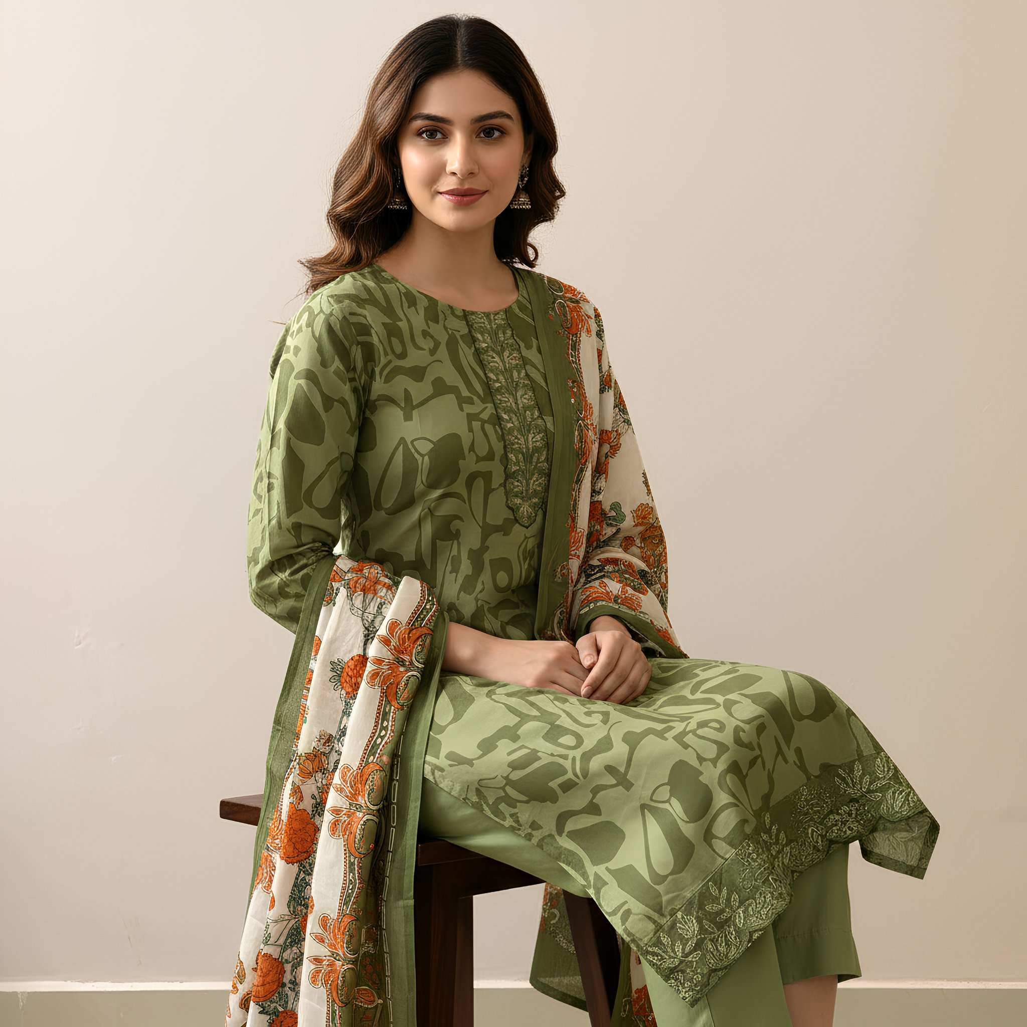 Olive Green Printed Suit SetMO12.4