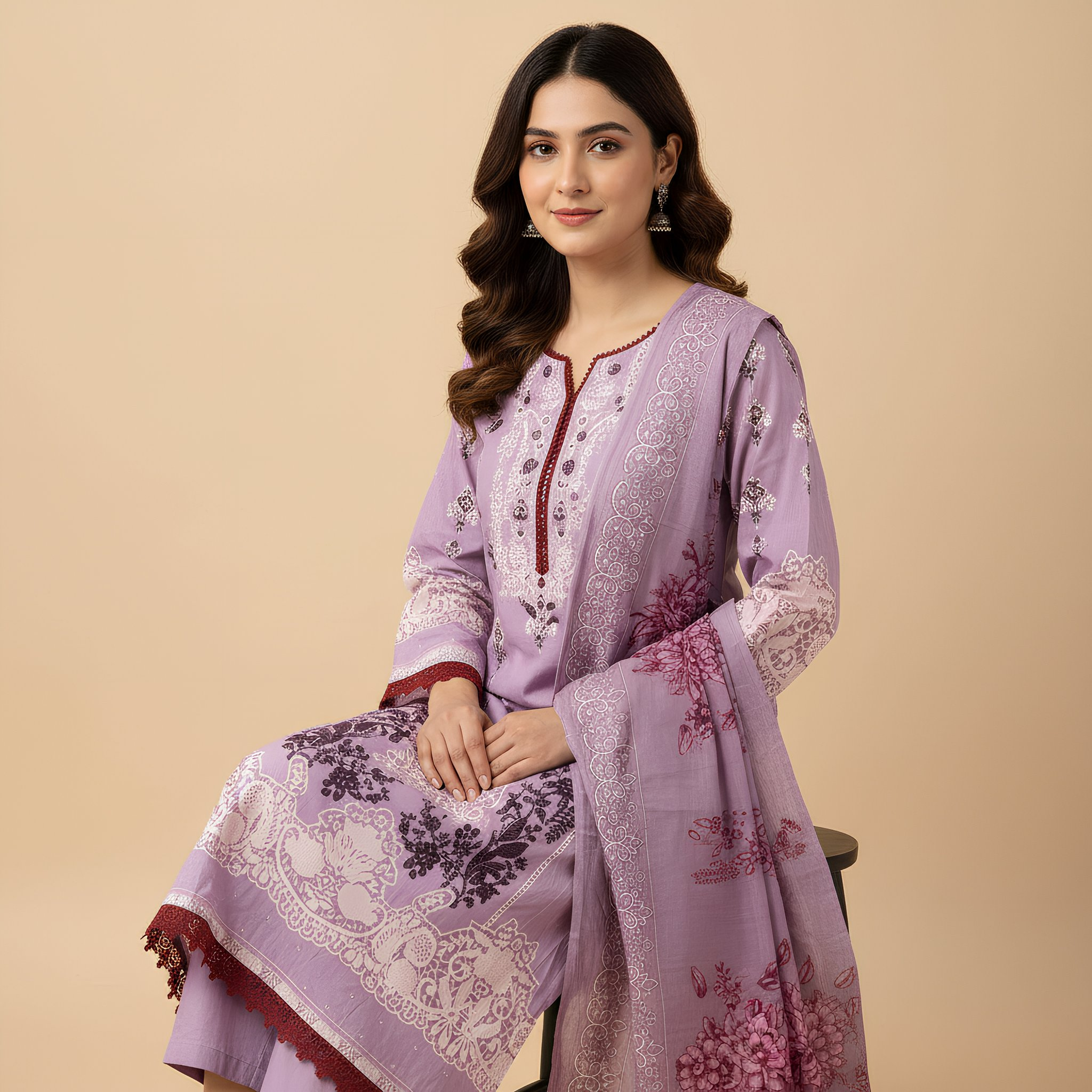 Lavender Printed Cotton Suit Set with Solid Bottom & Floral DupattaMO13.5