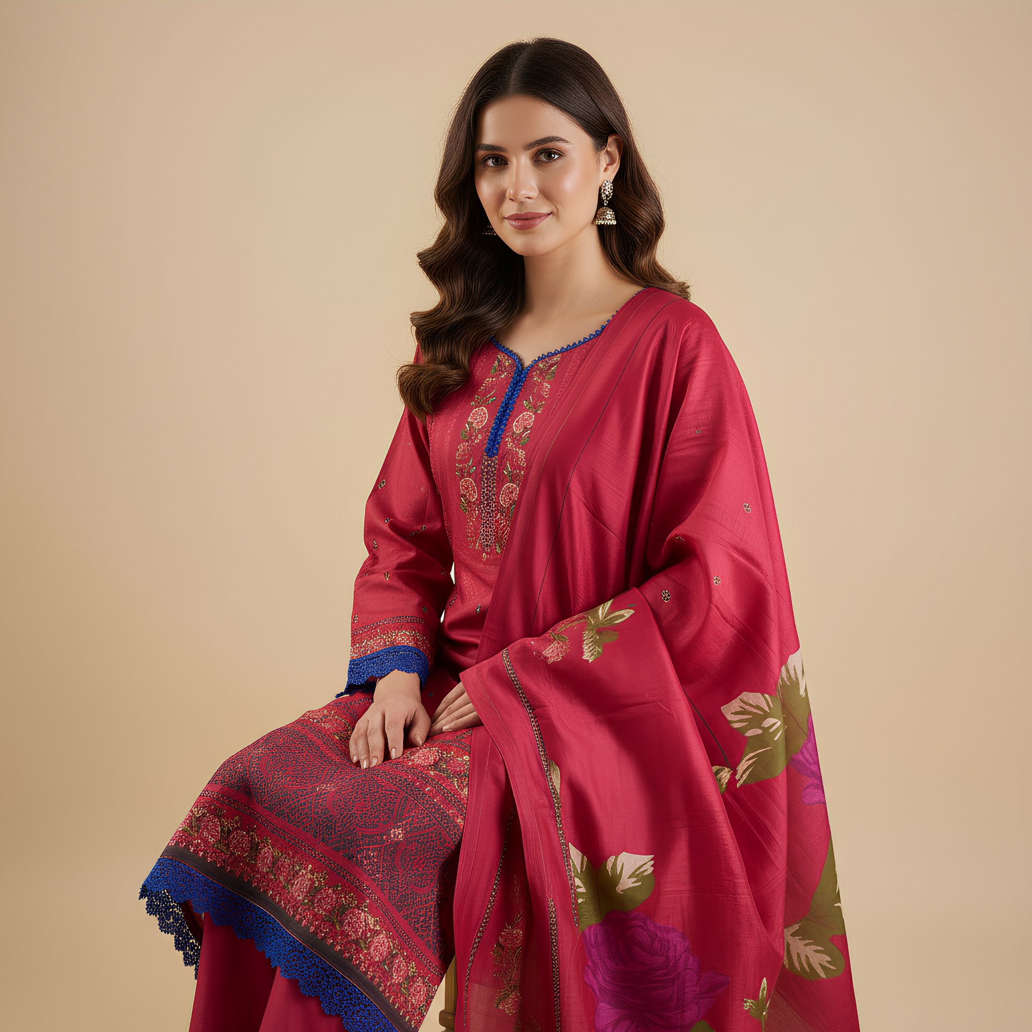 Deep Crimson Printed Cotton Suit Set  MO13.4