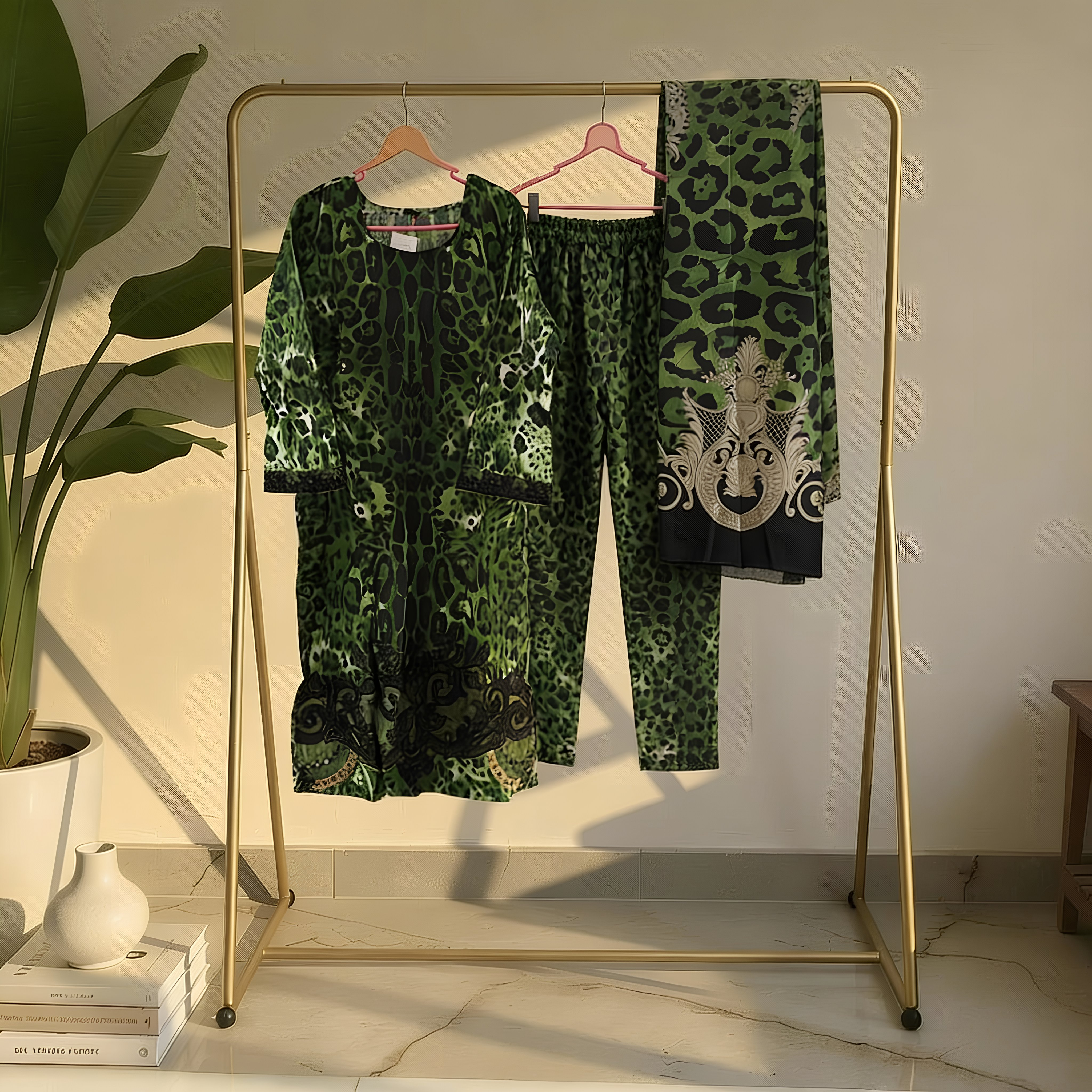 Emerald Green & Black Leopard Print Cotton Blend Suit Set with Ornamental Dupatta mo2.2