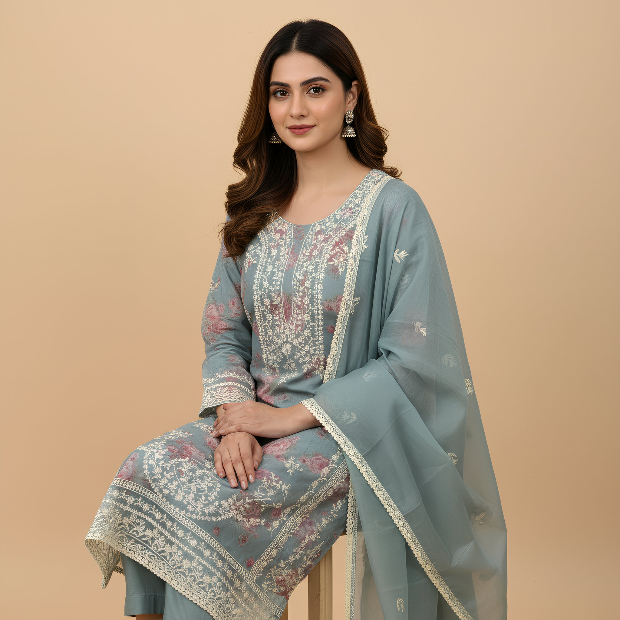 Sage Green Floral Printed Cotton Suit Set  MO14.1