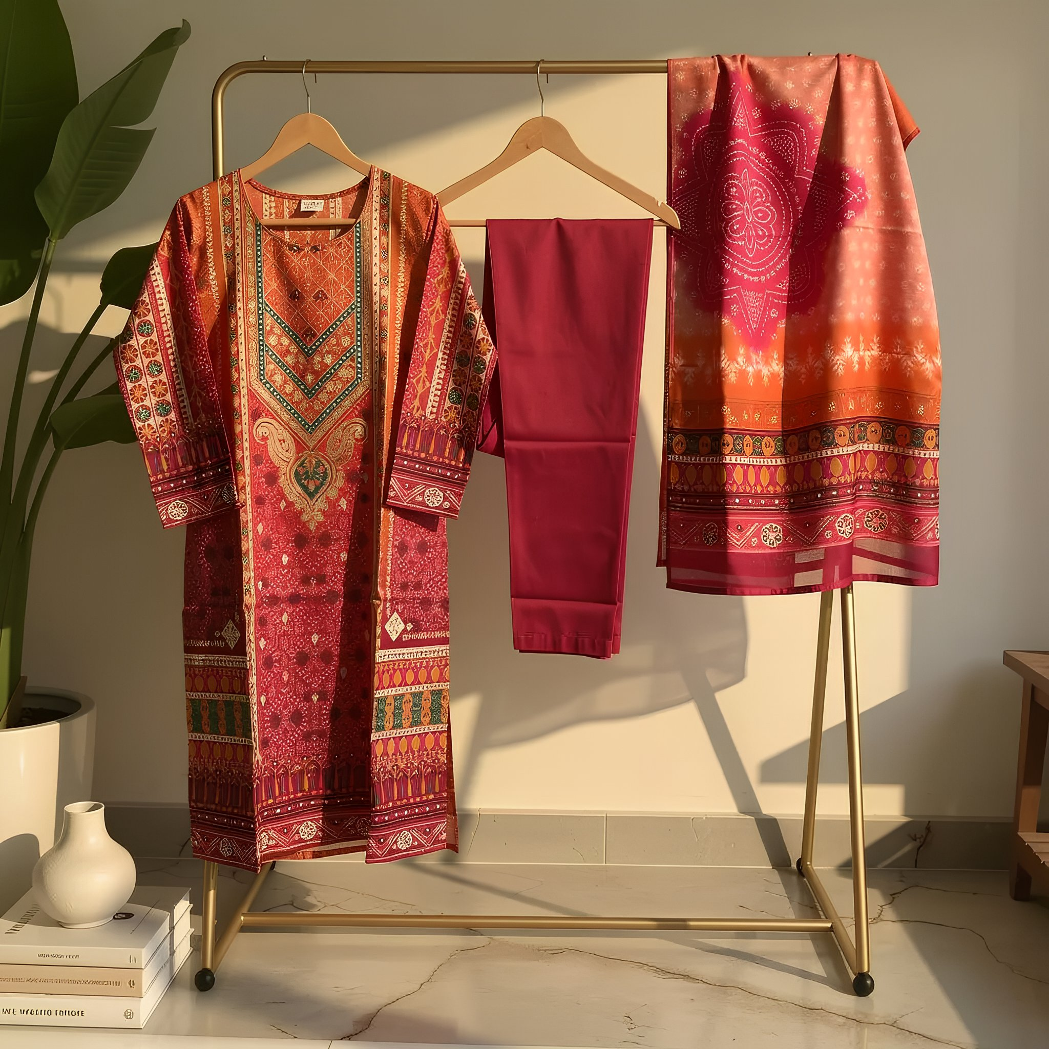 Rani Pink & Coral Red Printed Cotton Suit Set MO 1.3