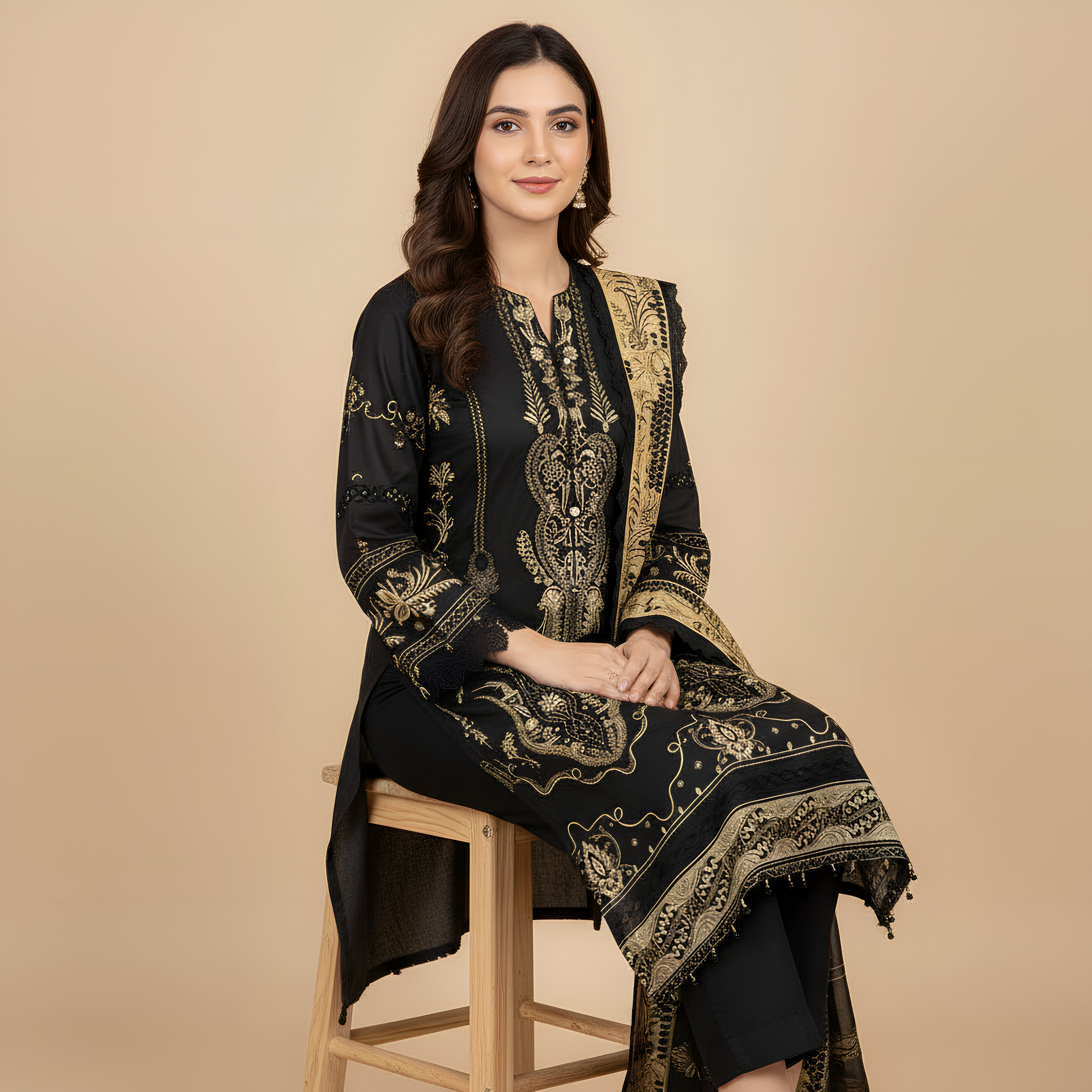 Black & Beige Printed Cotton Suit Set MO11.2