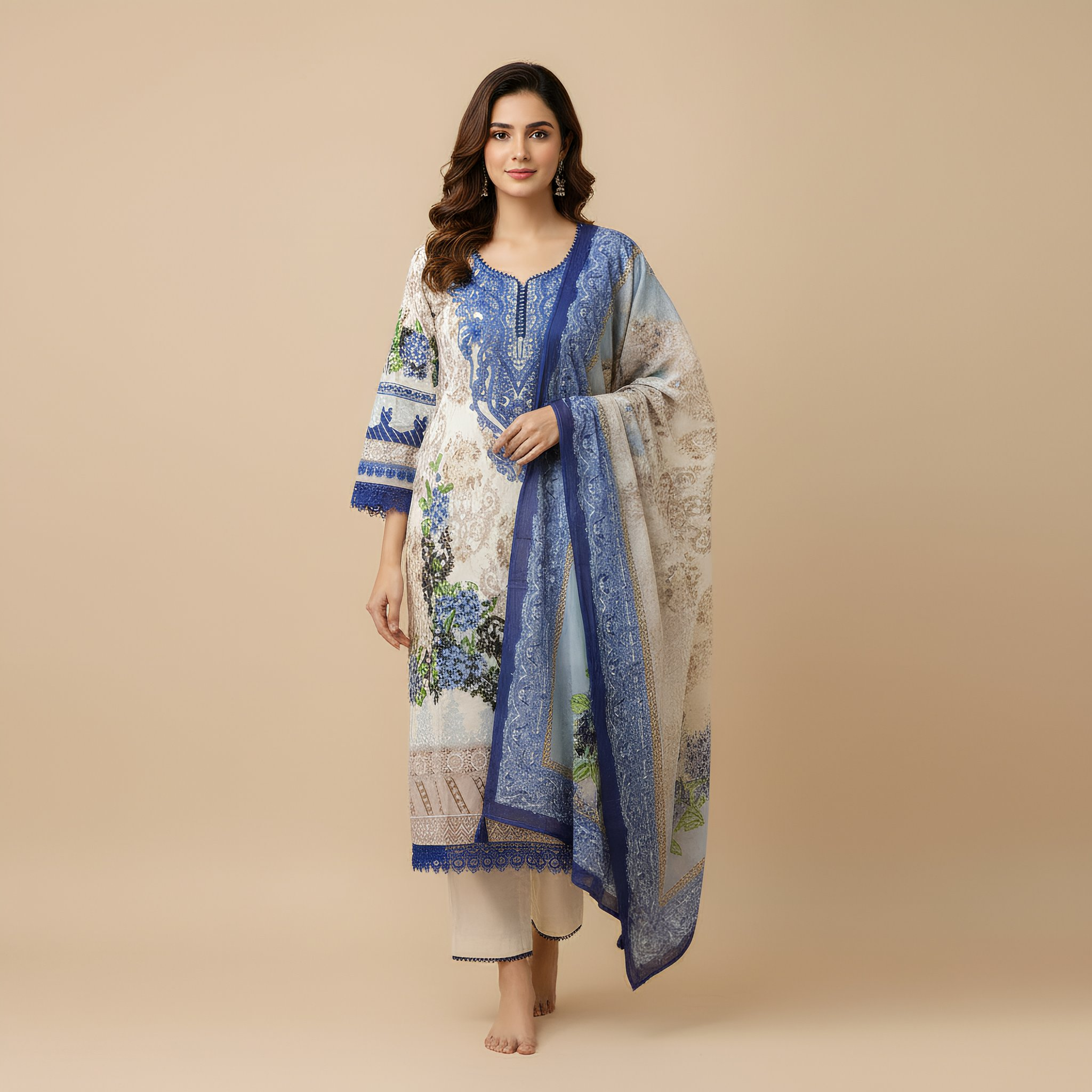 Ivory & Royal Blue Floral Printed Cotton Blend Suit Set with Designer Dupatta mo11.6