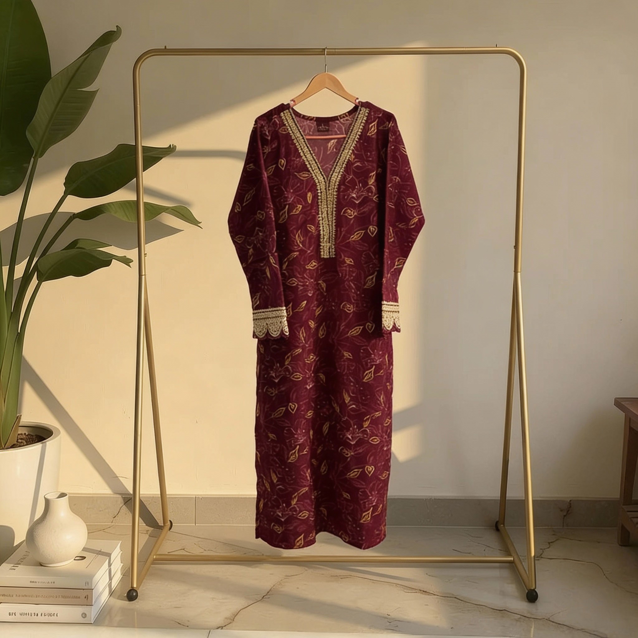 Wine Maroon Embroidered Straight Cotton Kurta HO2 XL2