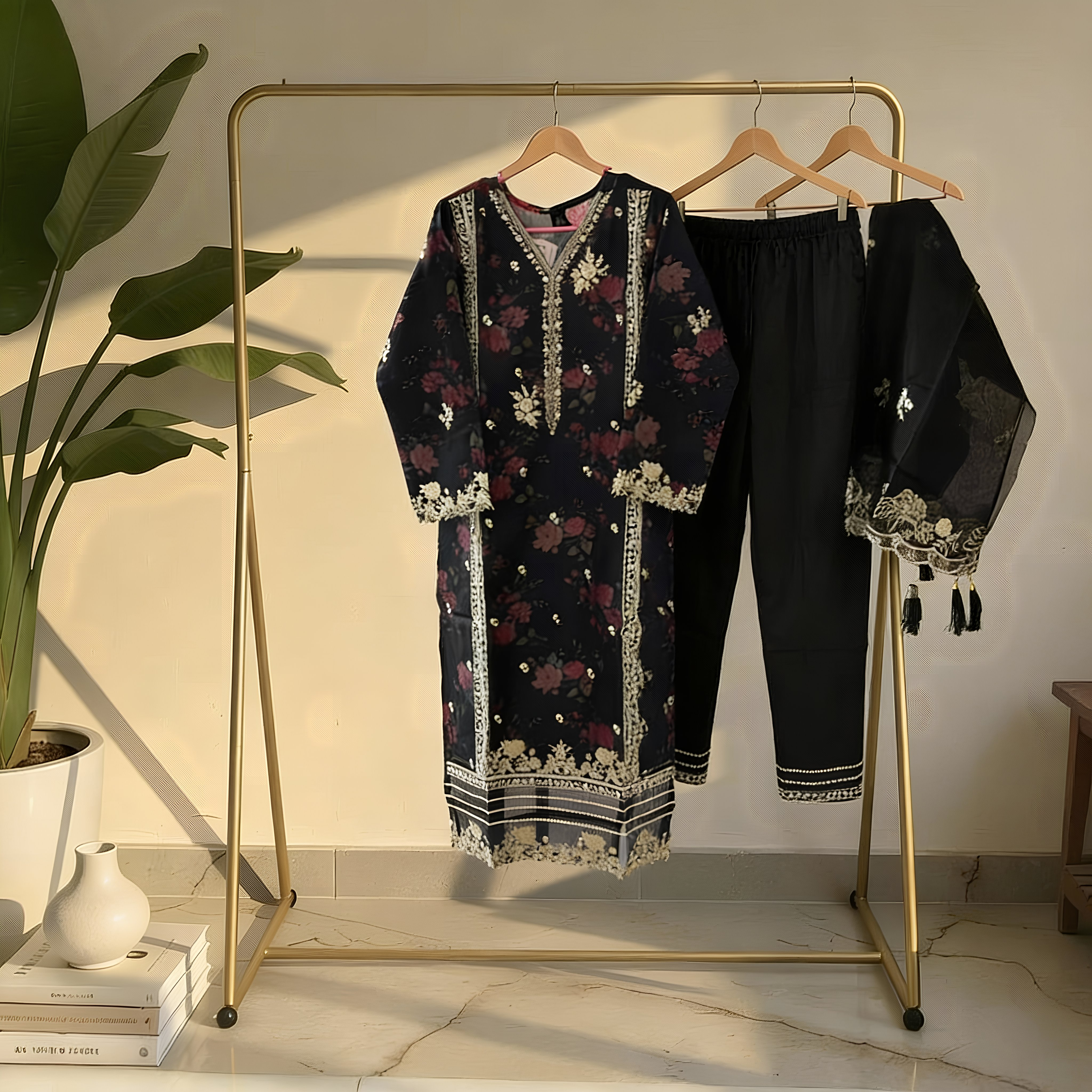 Black Floral Embroidered Cotton Blend Suit Set with Elegant Dupatta mo15.1