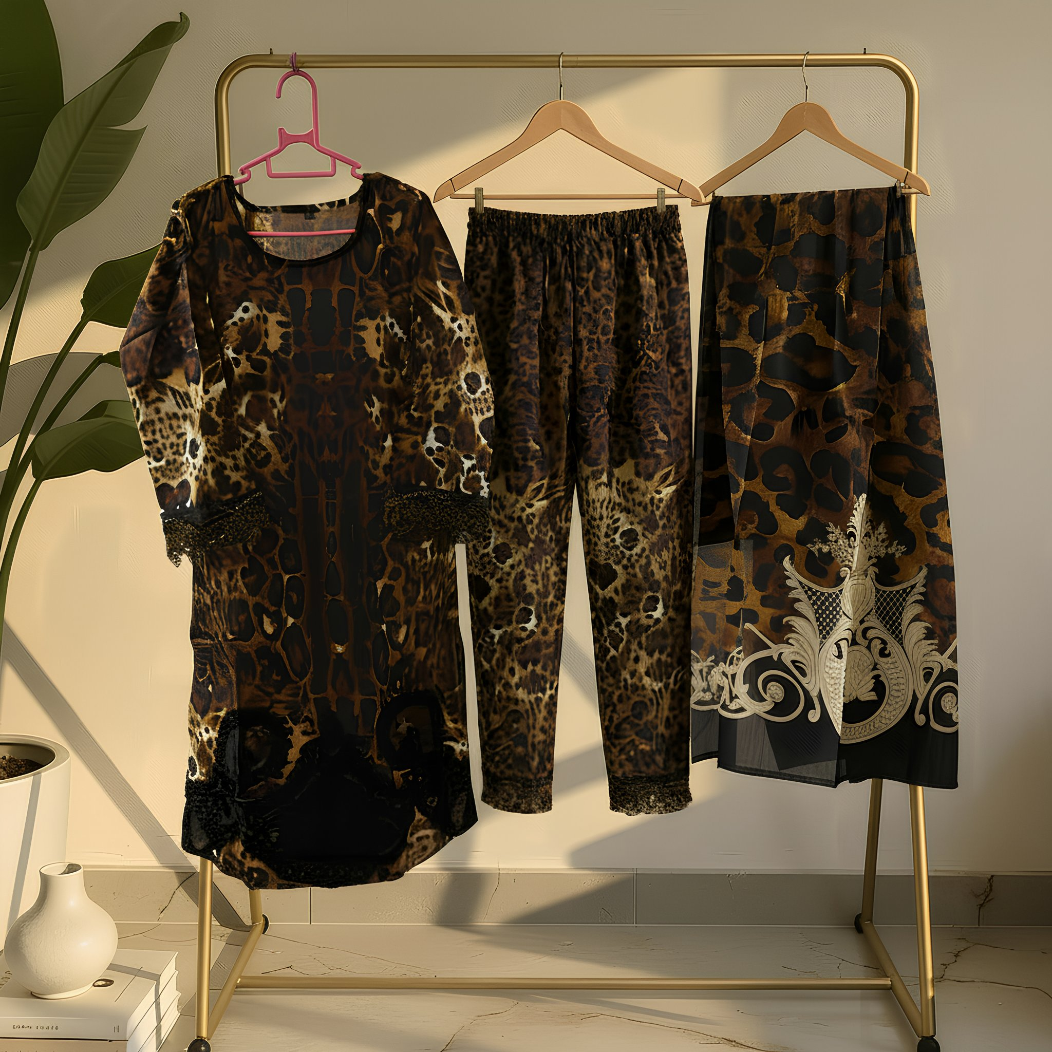 Brown & Black Leopard Print Cotton Blend Suit Set with Ornamental Dupatta mo2.3