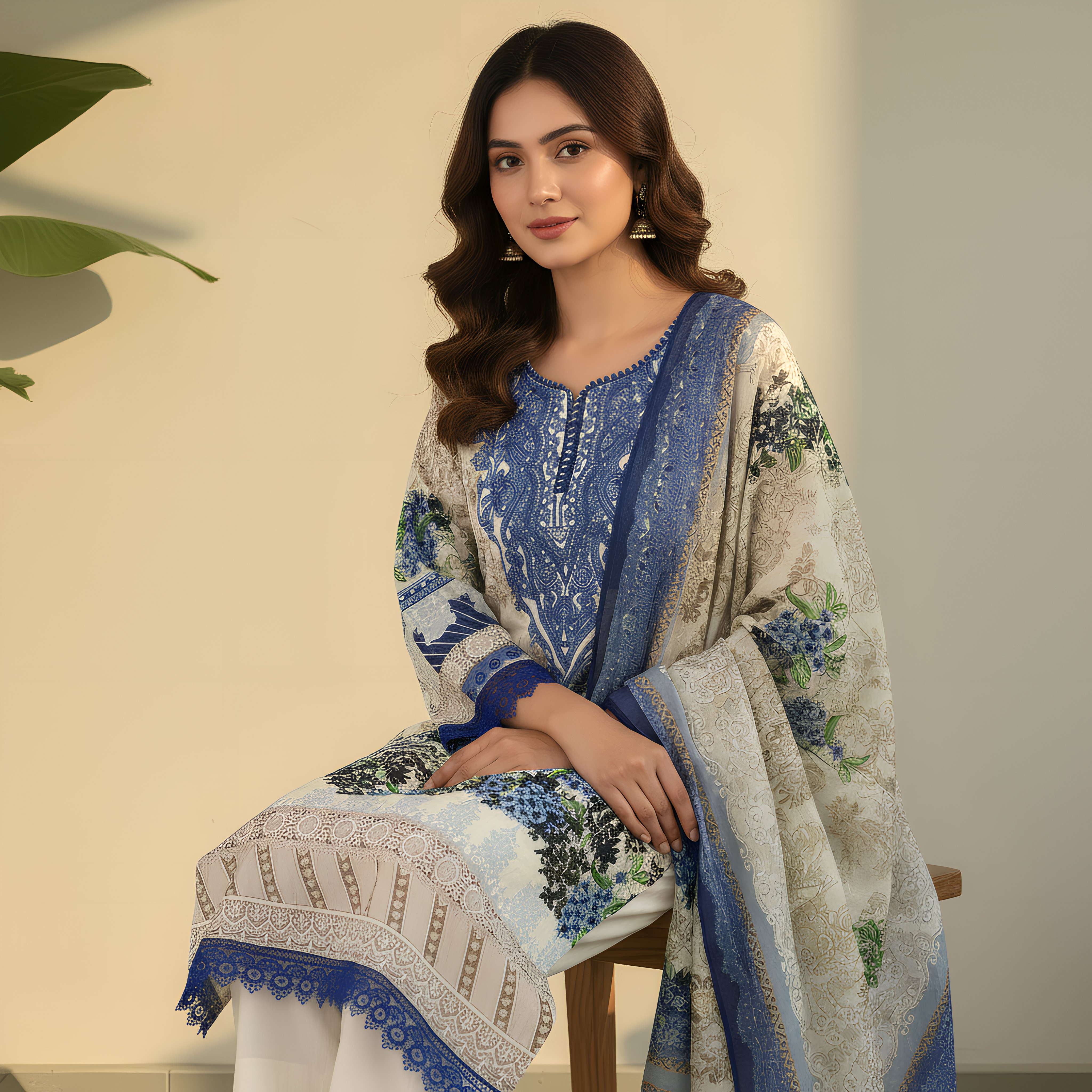 Ivory & Royal Blue Printed Cotton Suit Set M011.6