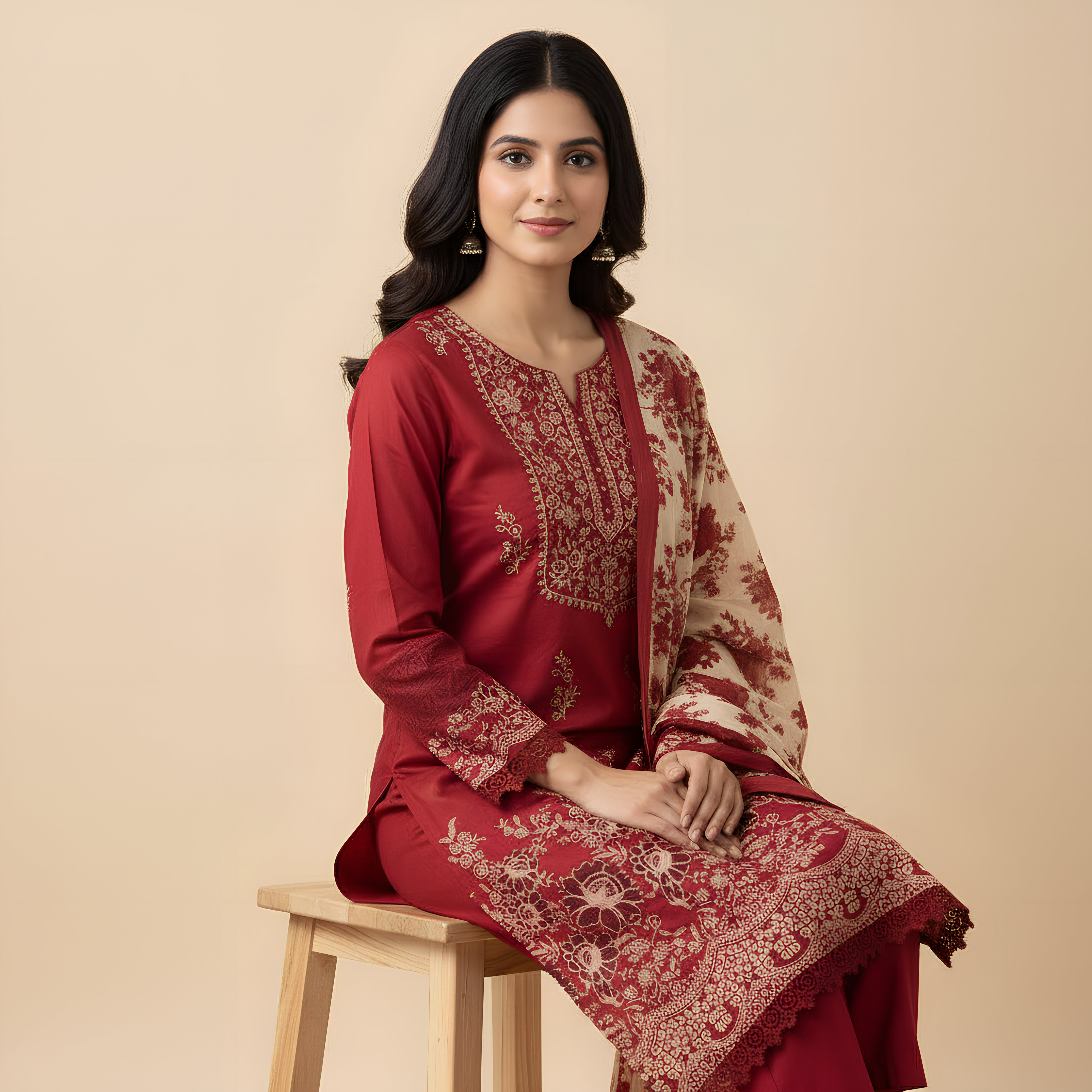 Maroon Embroidered Cotton Suit Set MO7.5