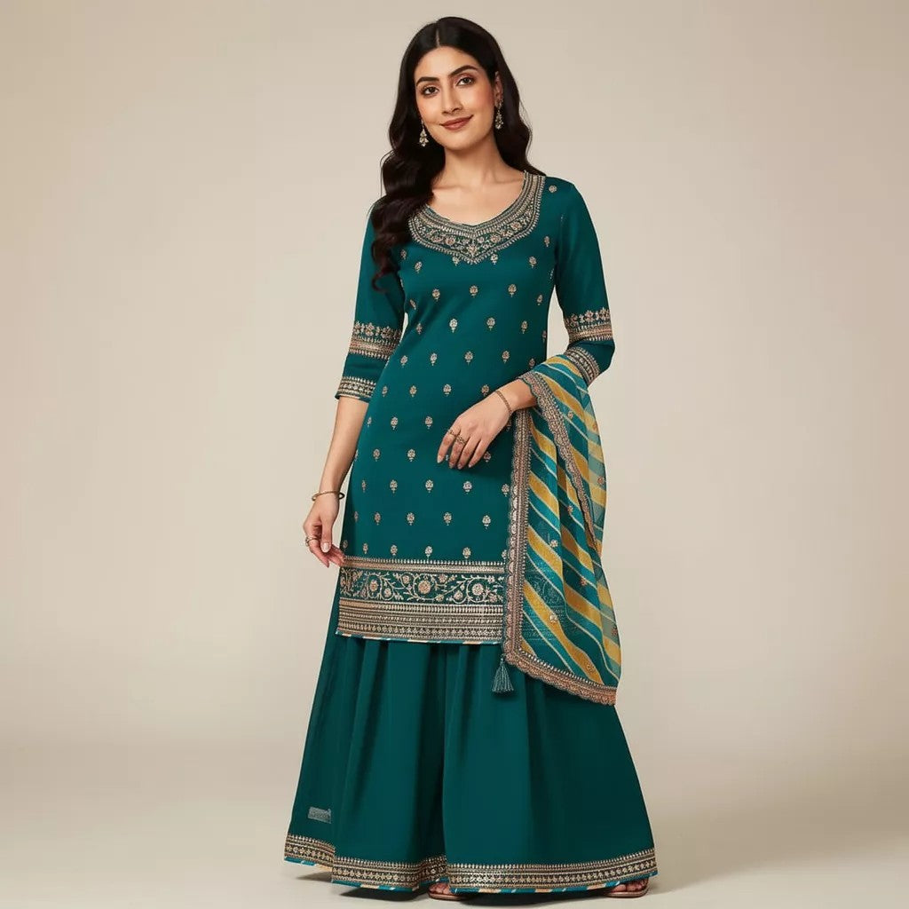 Classic Green Embroidered Suit Set Ho 7 - GREEN
