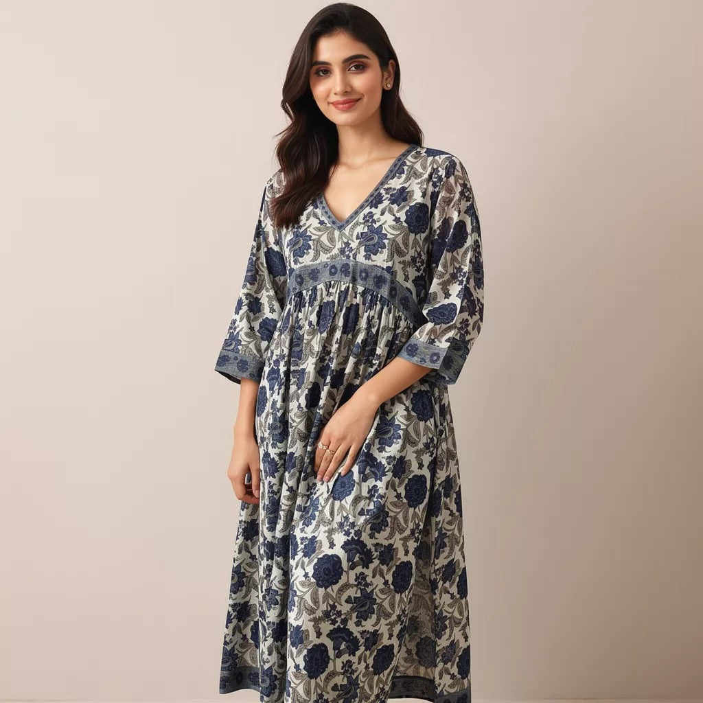 Ivory Blue Floral Printed Anarkali Style Kurta HO2 XL18