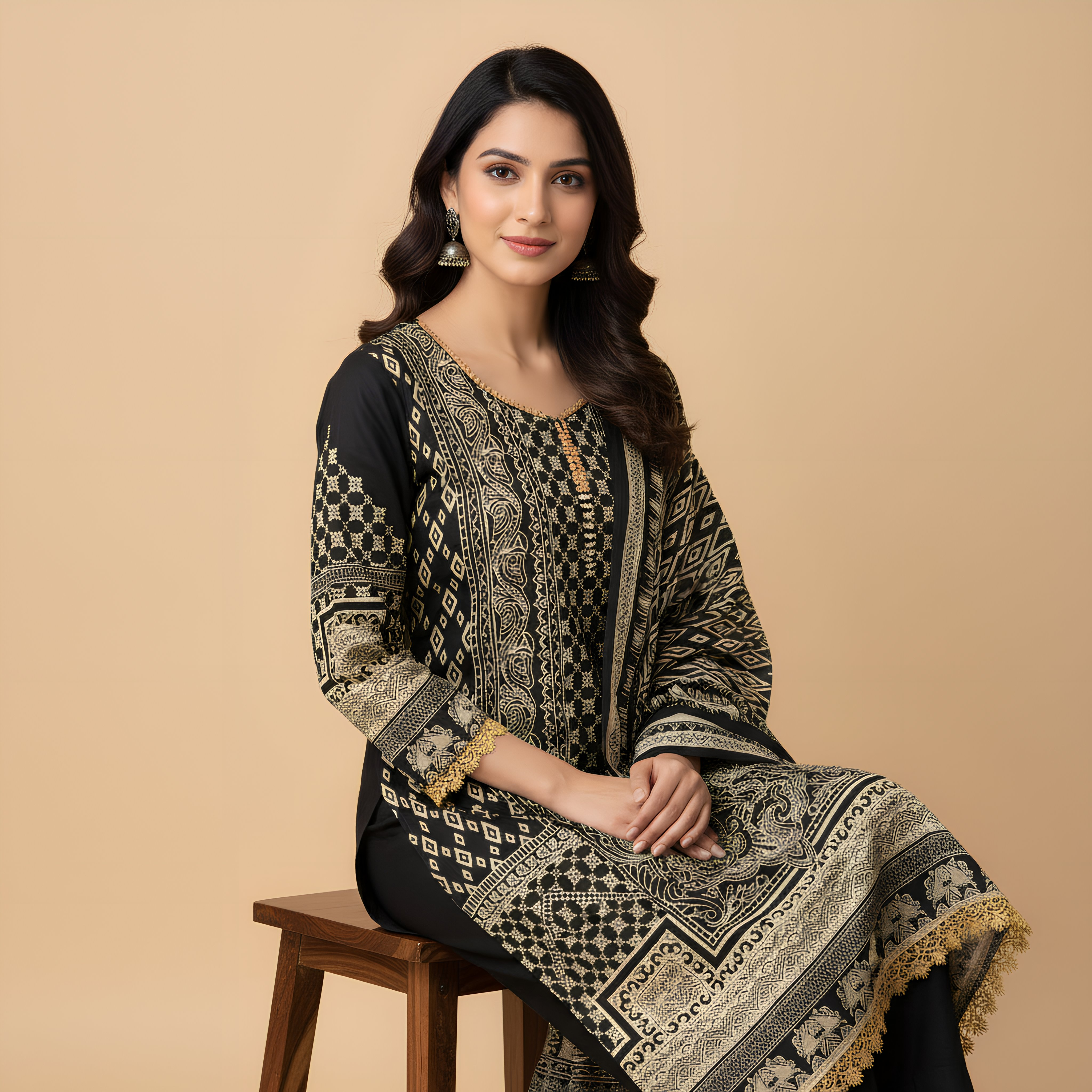 Black & Gold Printed Cotton Suit Set MO7.6