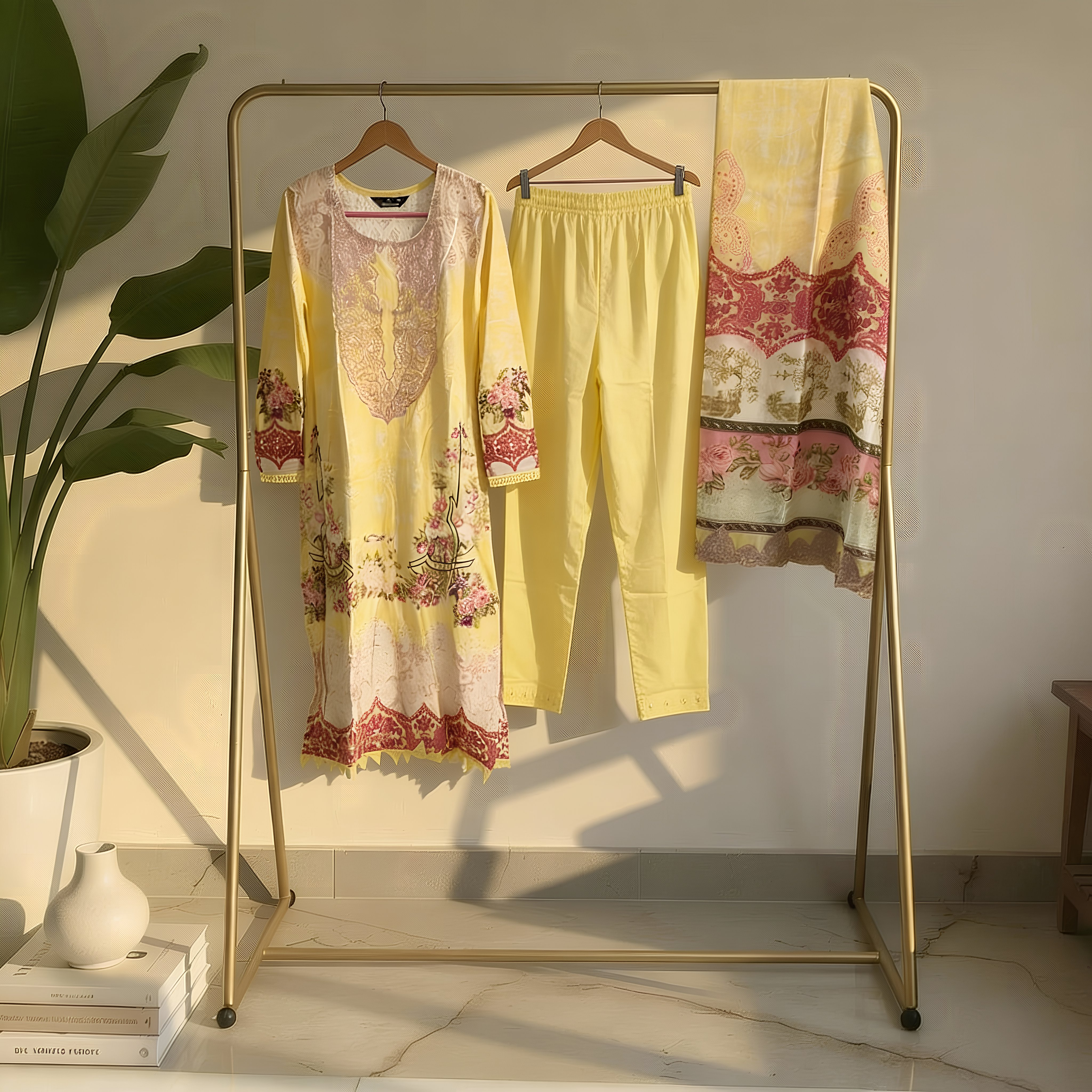 Soft Yellow Floral Printed Poly-Cotton Suit Set with Coordinated Dupatta MO4.1