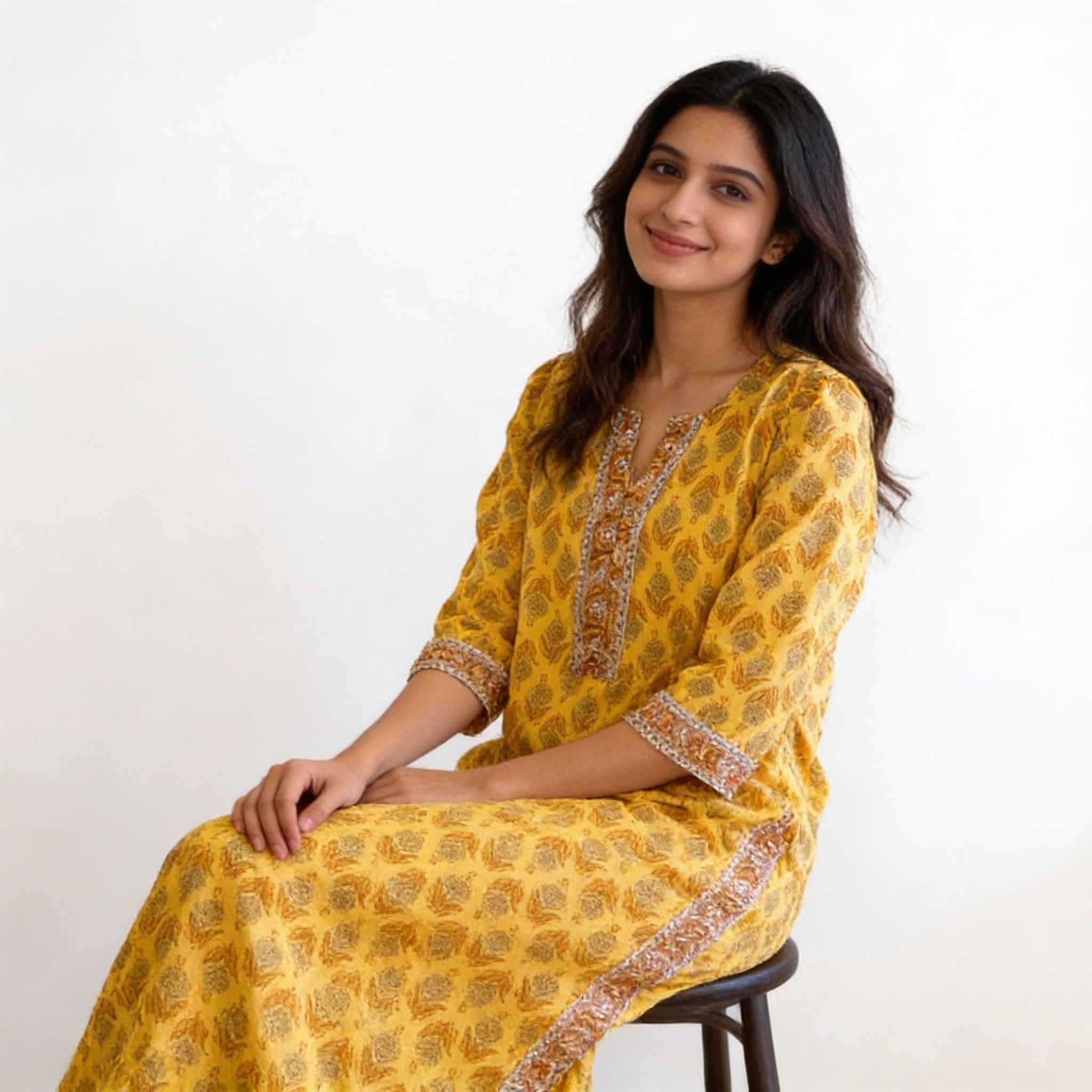 Mustard Yellow Printed Straight Kurta  HO 2 S 2