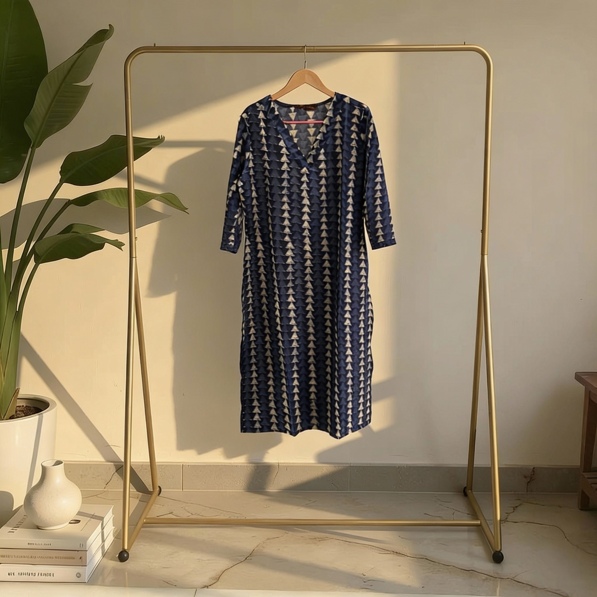 Navy Blue Geometric Triangle Print Straight Kurta HO2 XL13