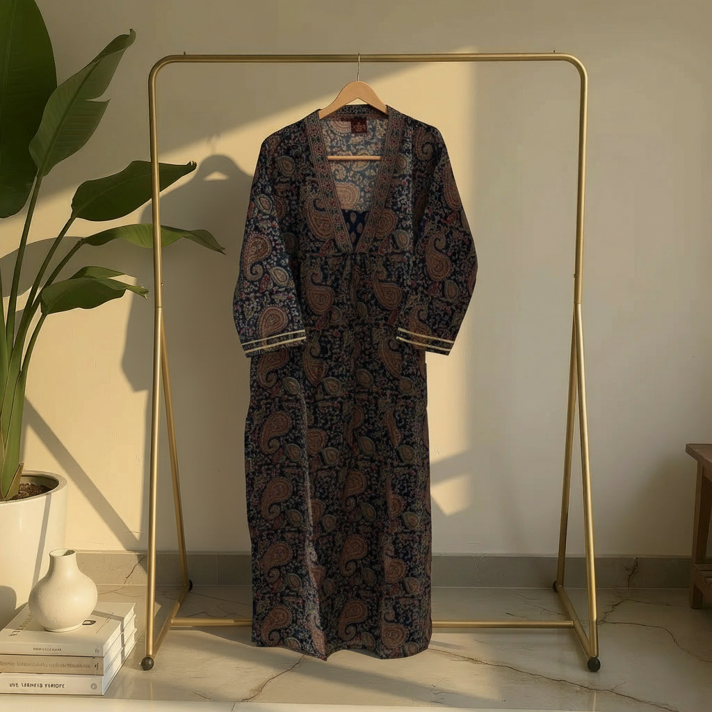 Navy Blue Paisley Printed Straight Cotton Kurta HO2 XL6