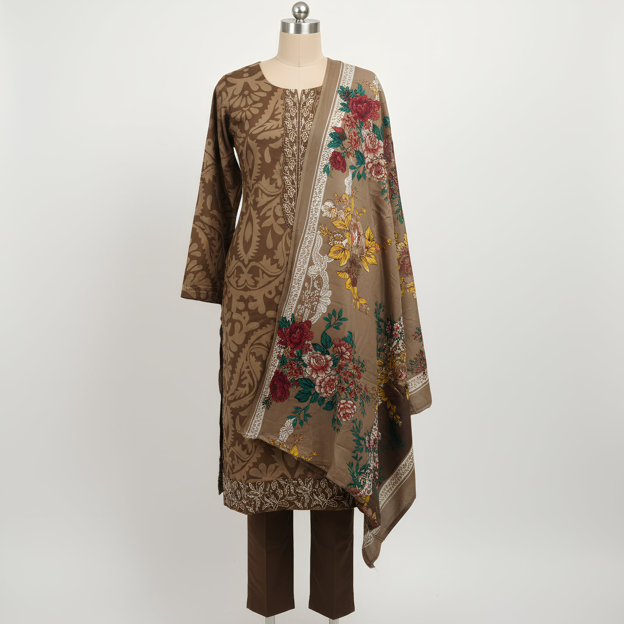 Chocolate Brown Floral Printed Cotton Blend Suit Set with Elegant Dupatta mo12.3