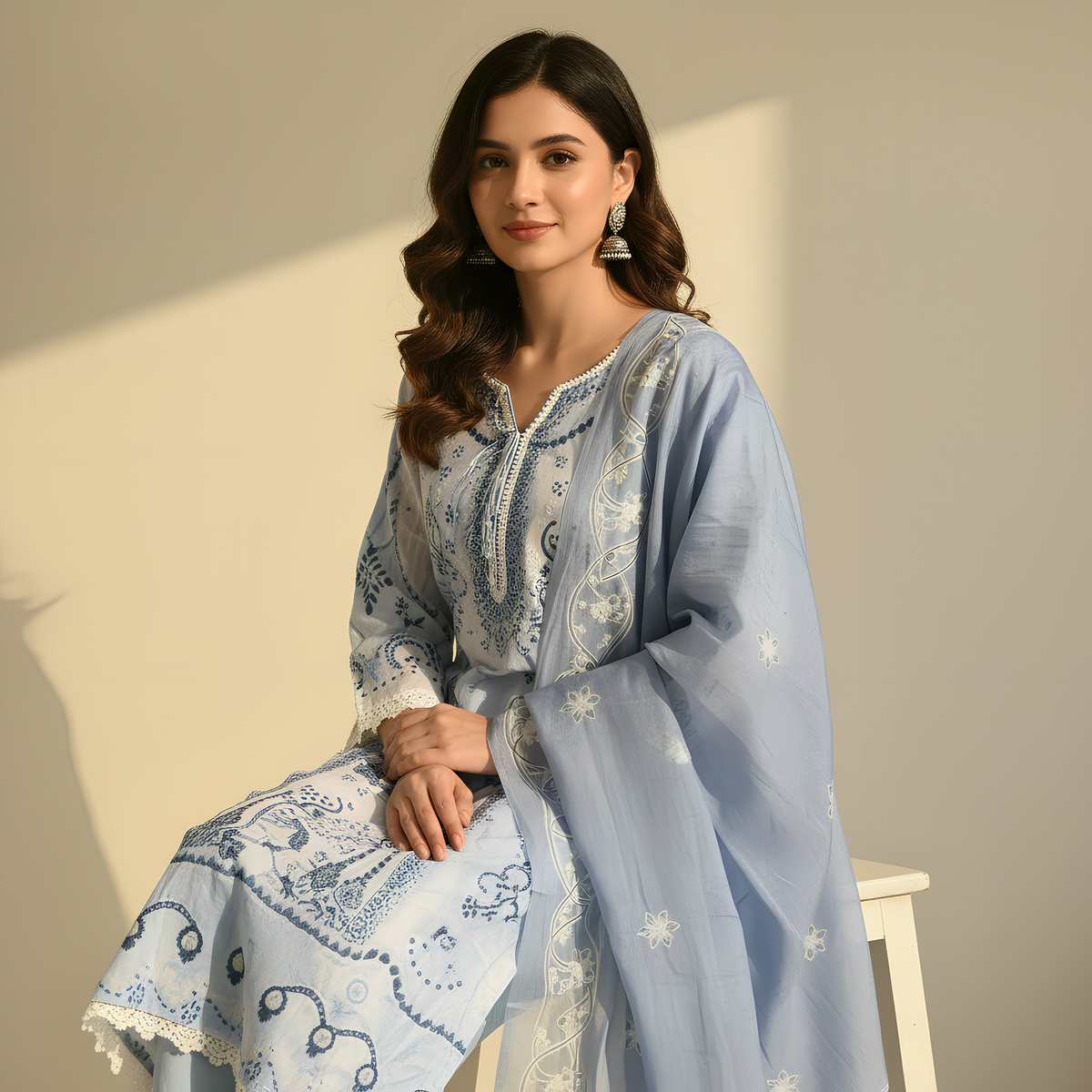 Powder Blue Printed Cotton Suit Set MO11.4