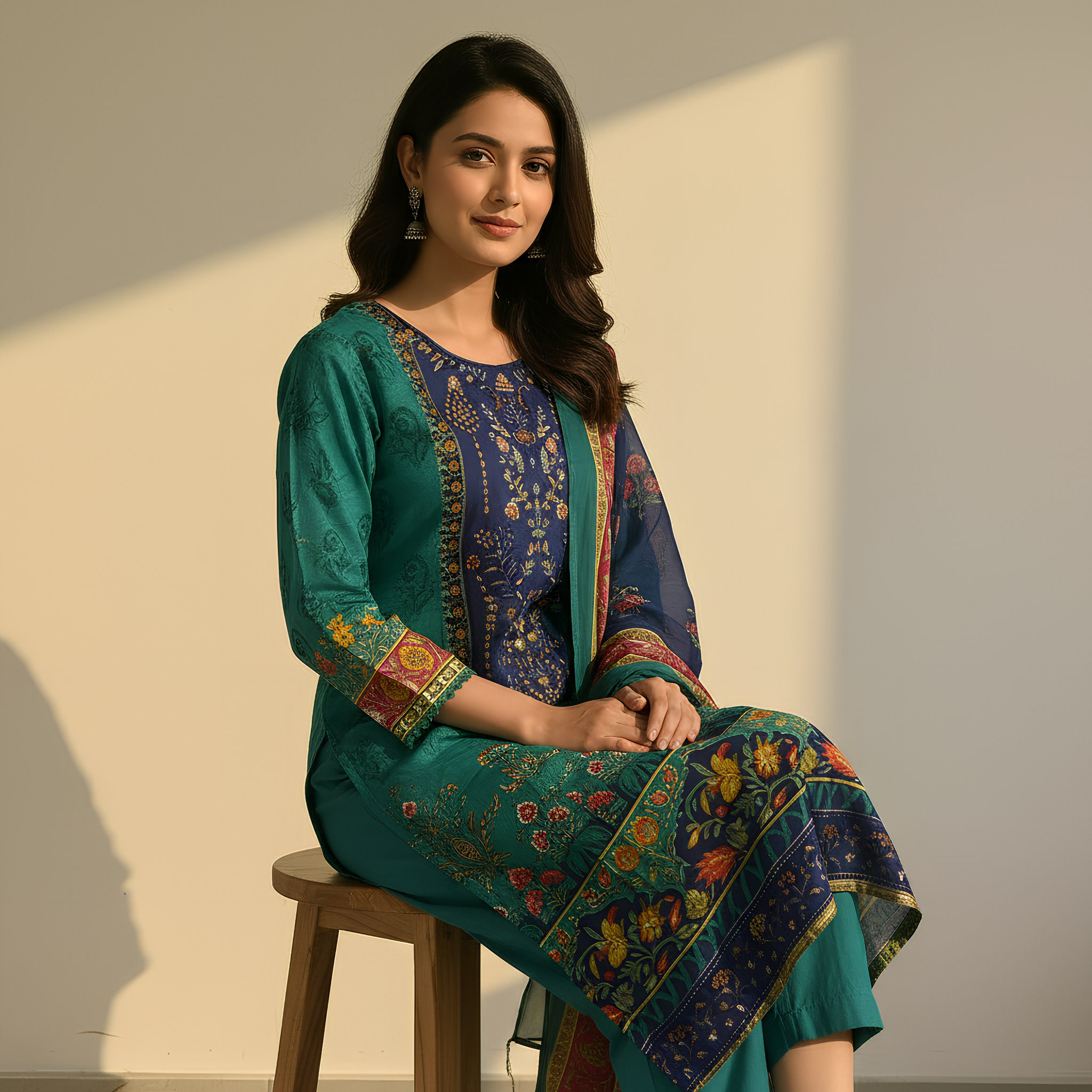 Emerald Green & Navy Blue Ethnic Printed Cotton Blend Suit Set with Designer Dupatta mo8.1