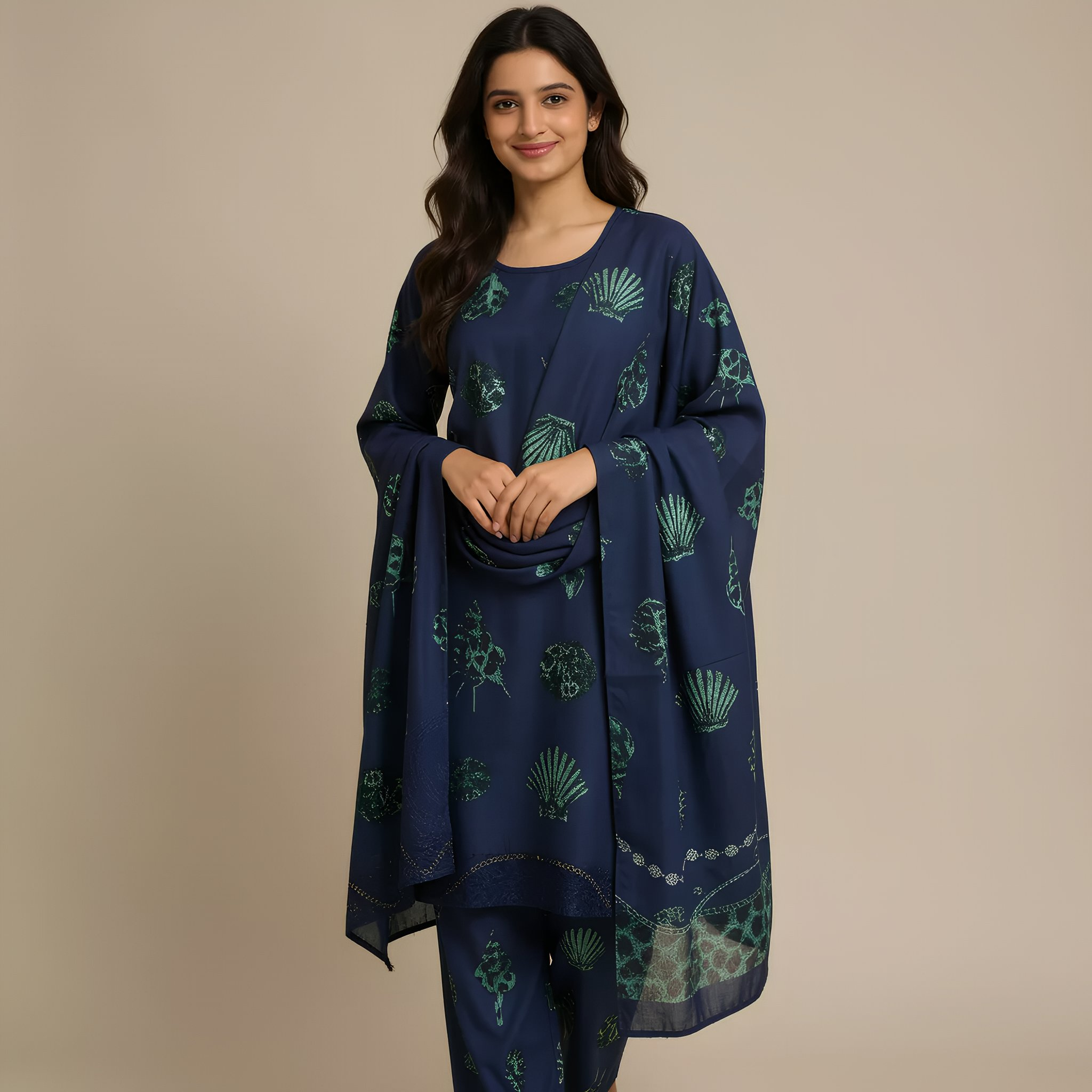 Royal Blue & Teal Printed Cotton Blend Suit Set with Designer Dupatta  mo2.4