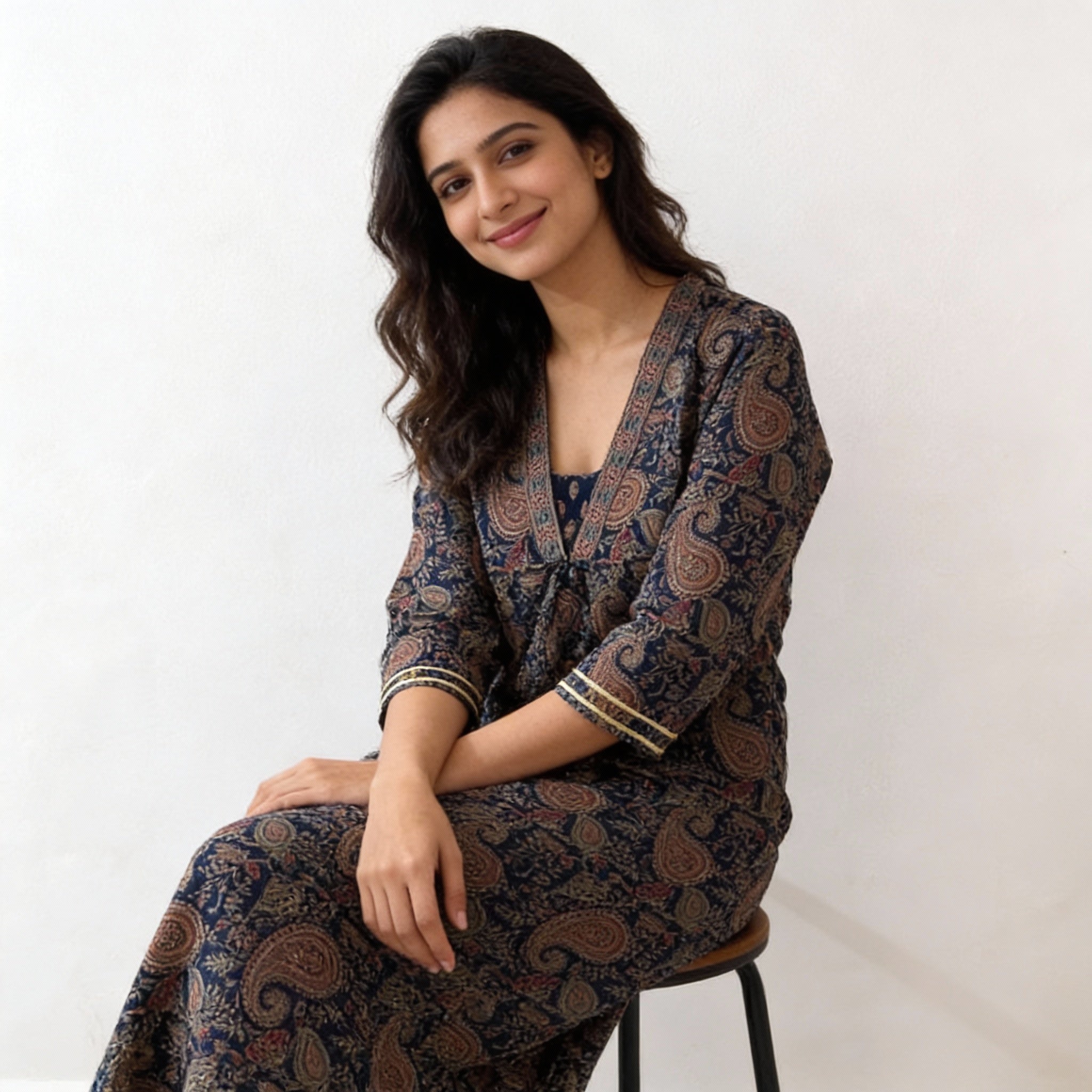 Navy Blue Paisley Printed Straight Cotton Kurta HO2 XL6