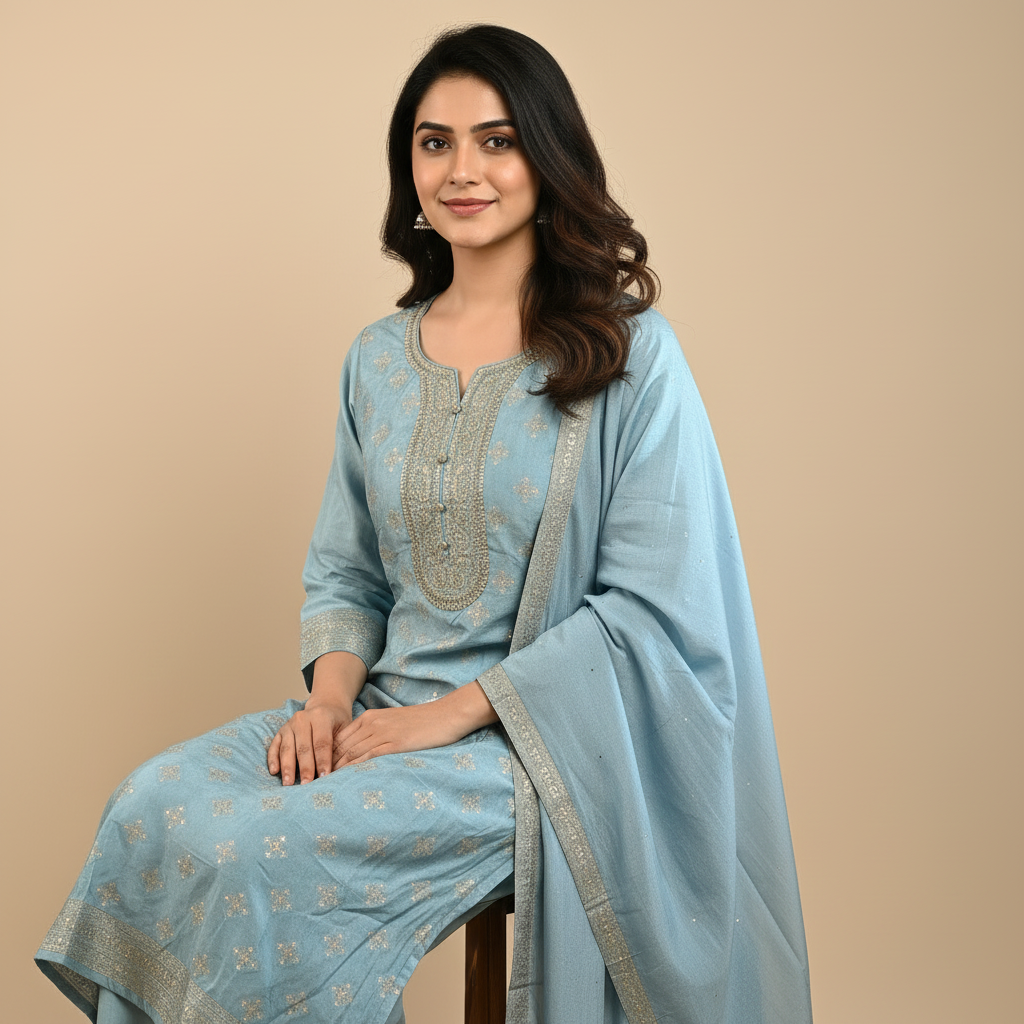 Elegant Navy Blue Embroidered Anarkali Suit Set with Dupatta Ho 9 - BLUE