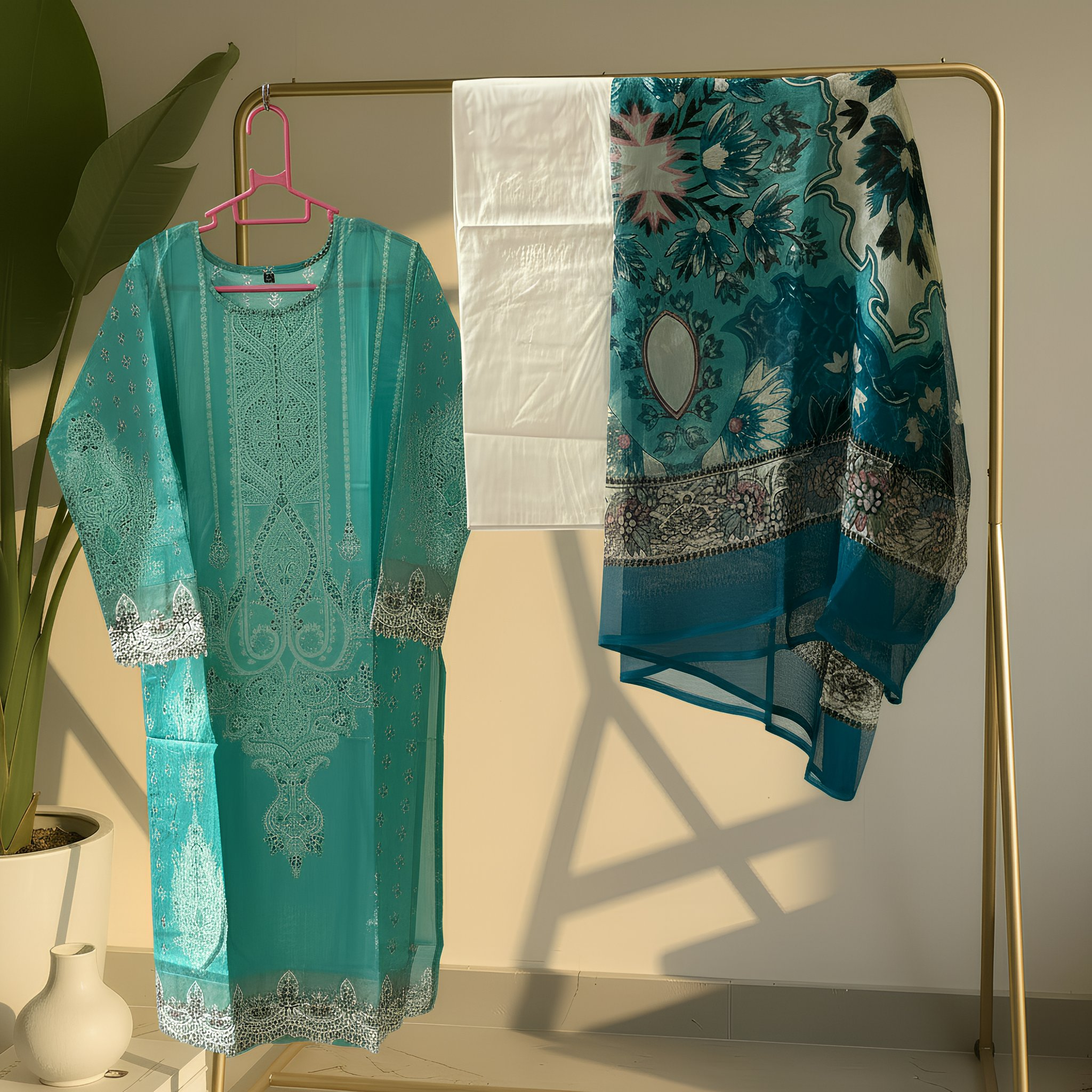 Aqua Blue Ethnic Printed Cotton Blend Suit Set with Designer Dupatta mo3.6