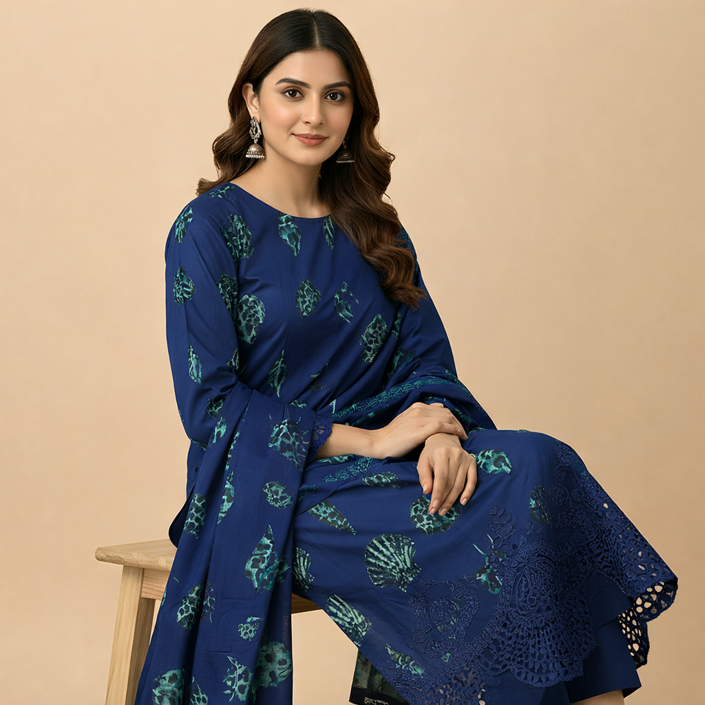 Royal Blue & Teal Printed Cotton Blend Suit Set with Designer Dupatta  mo2.4