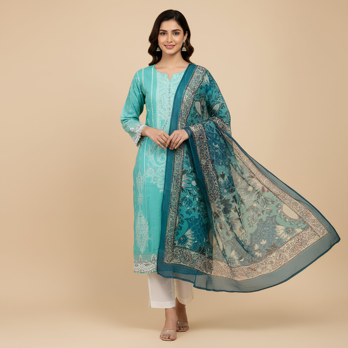 Aqua Blue Ethnic Printed Cotton Blend Suit Set with Designer Dupatta mo3.6
