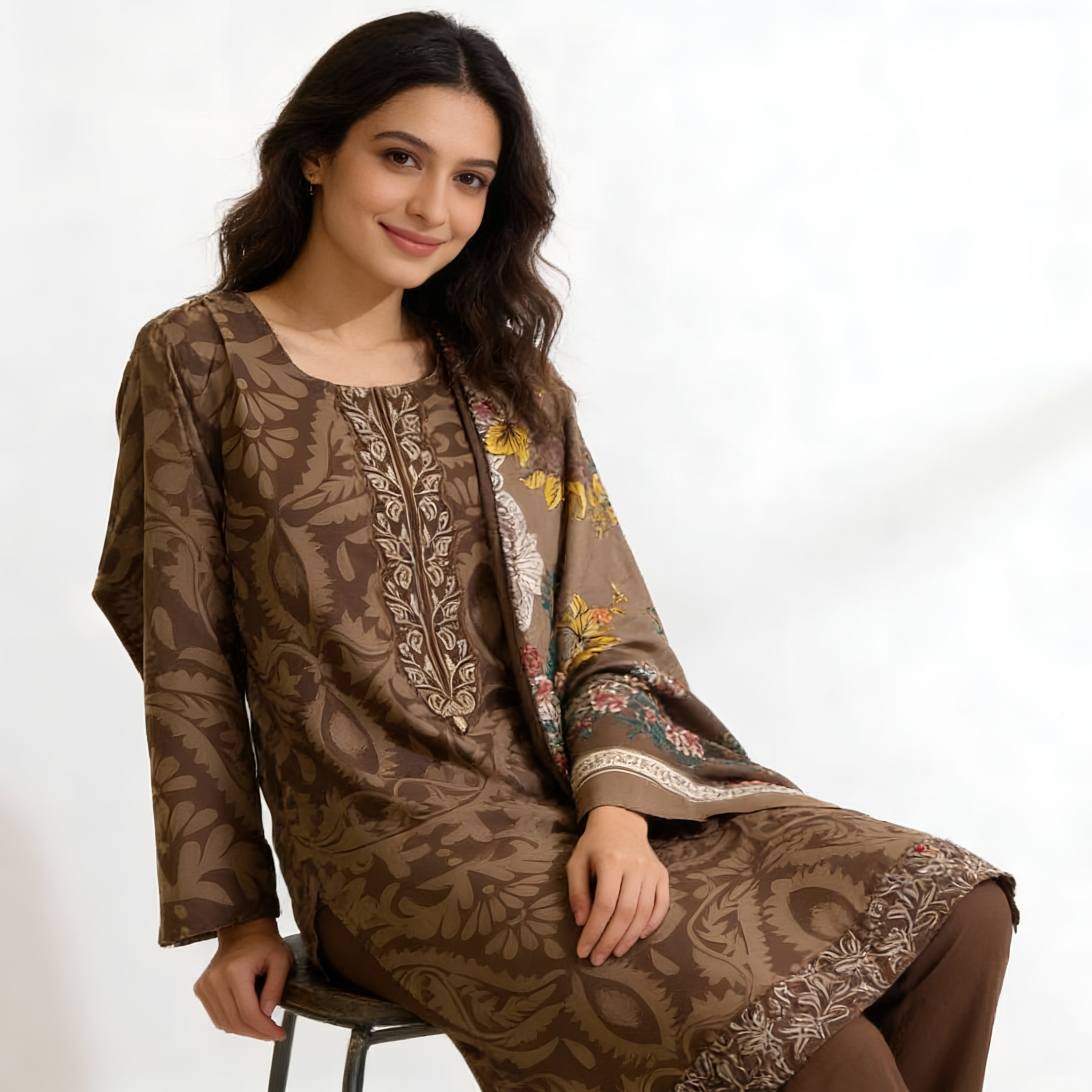 Chocolate Brown Floral Printed Cotton Blend Suit Set with Elegant Dupatta mo12.3