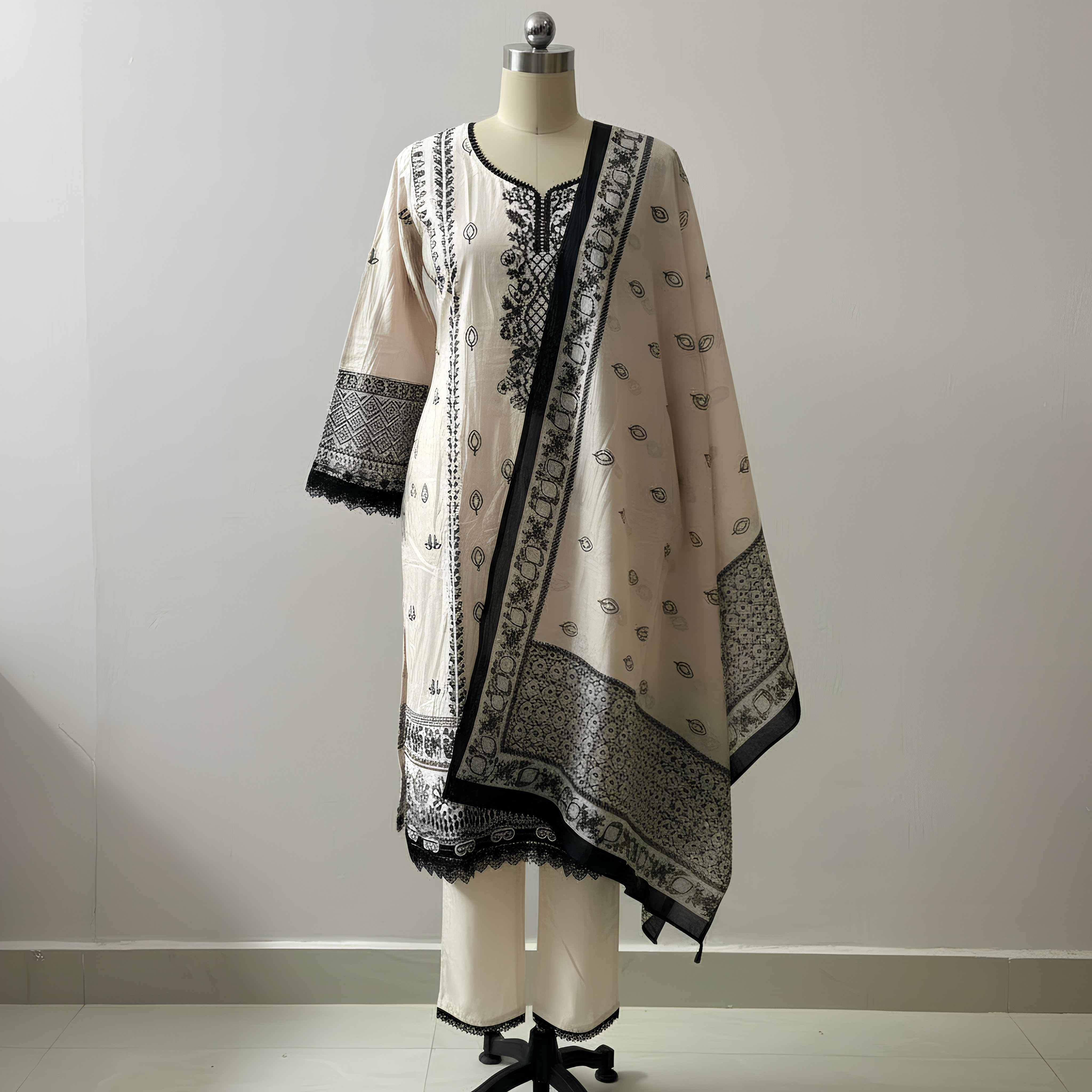 Cream & Black Printed Cotton Suit Set with Dupatta MO7.2