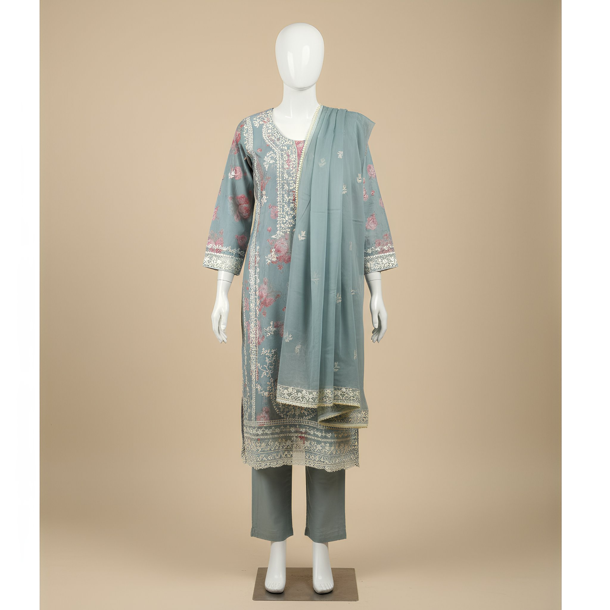 Sage Green Floral Printed Cotton Suit Set  MO14.1