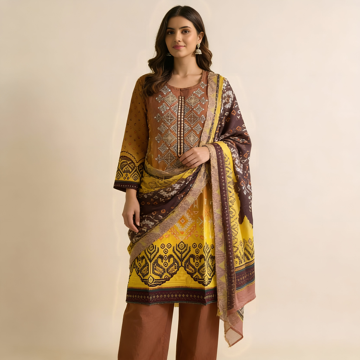 Mustard Yellow & Coffee Brown Printed Cotton Suit Set  MO 1.1